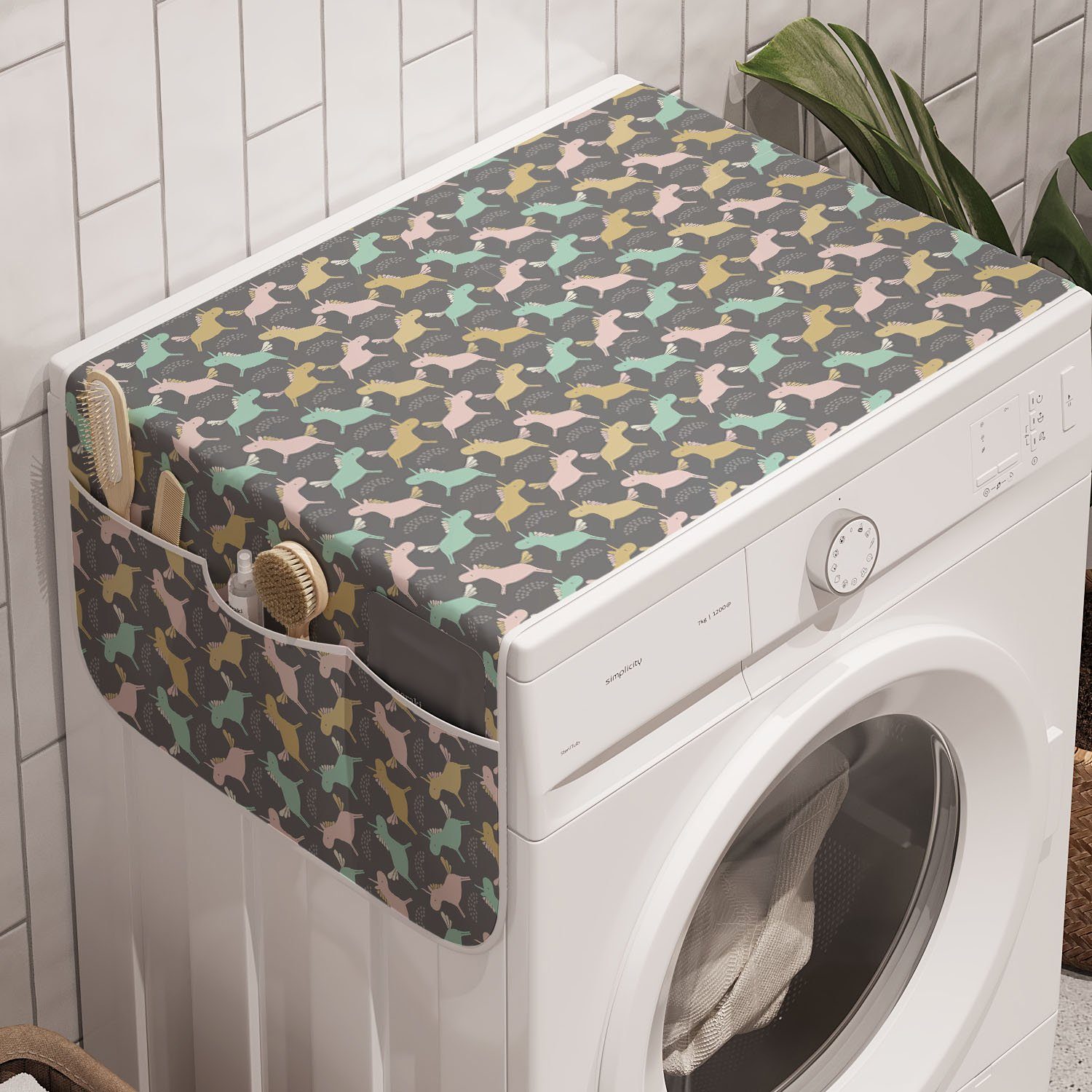 Pastelltöne Muster Einhorn Badorganizer Waschmaschine Anti-Rutsch-Stoffabdeckung für und Trockner, Abakuhaus