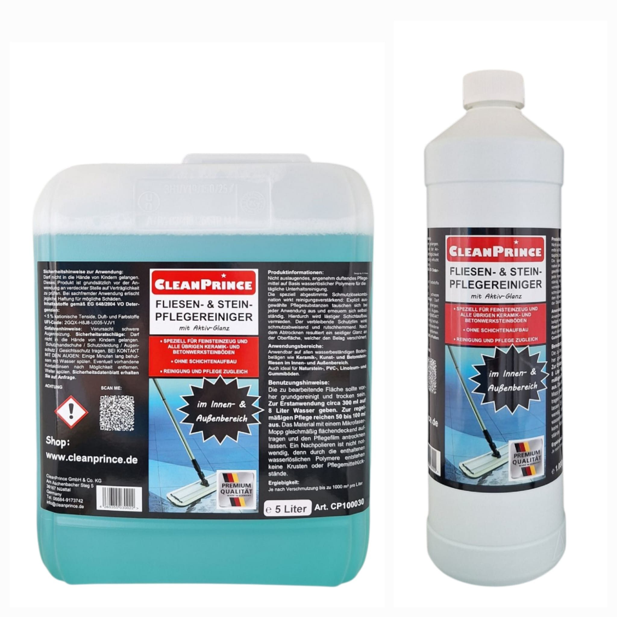 CleanPrince Fliesen- und Stein Pflegereiniger CP100030 Fliesenreiniger Steinbodenreiniger (mit Aktivglanz, für Innen und Außen)