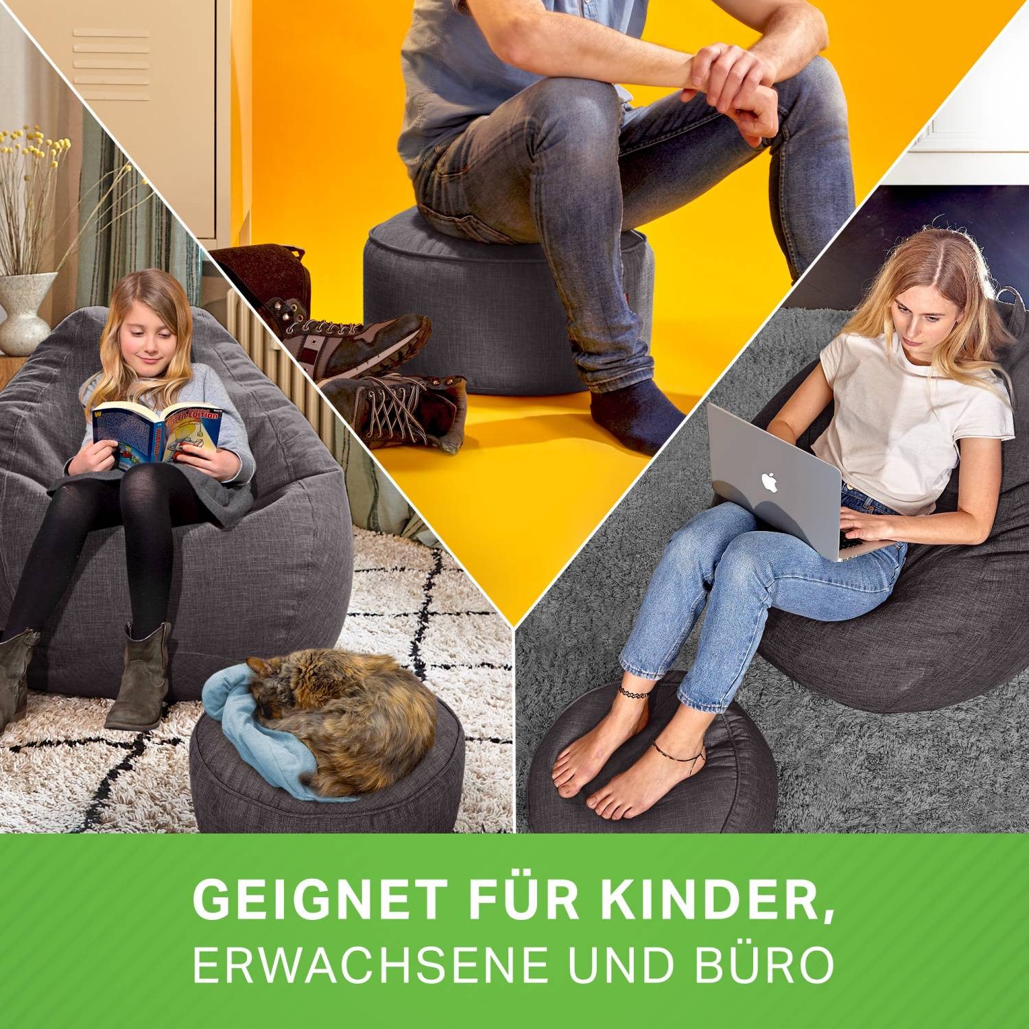 Green Bean Pouf Sitzsack-Hocker Home Linen 45x25cm (Sitzsack-Hocker 45x25cm mit EPS-Perlen Füllung -, Fußhocker Fußkissen Sitz-Pouf für Sitzsäcke), Bodenkissen  – Bild 5 von 5