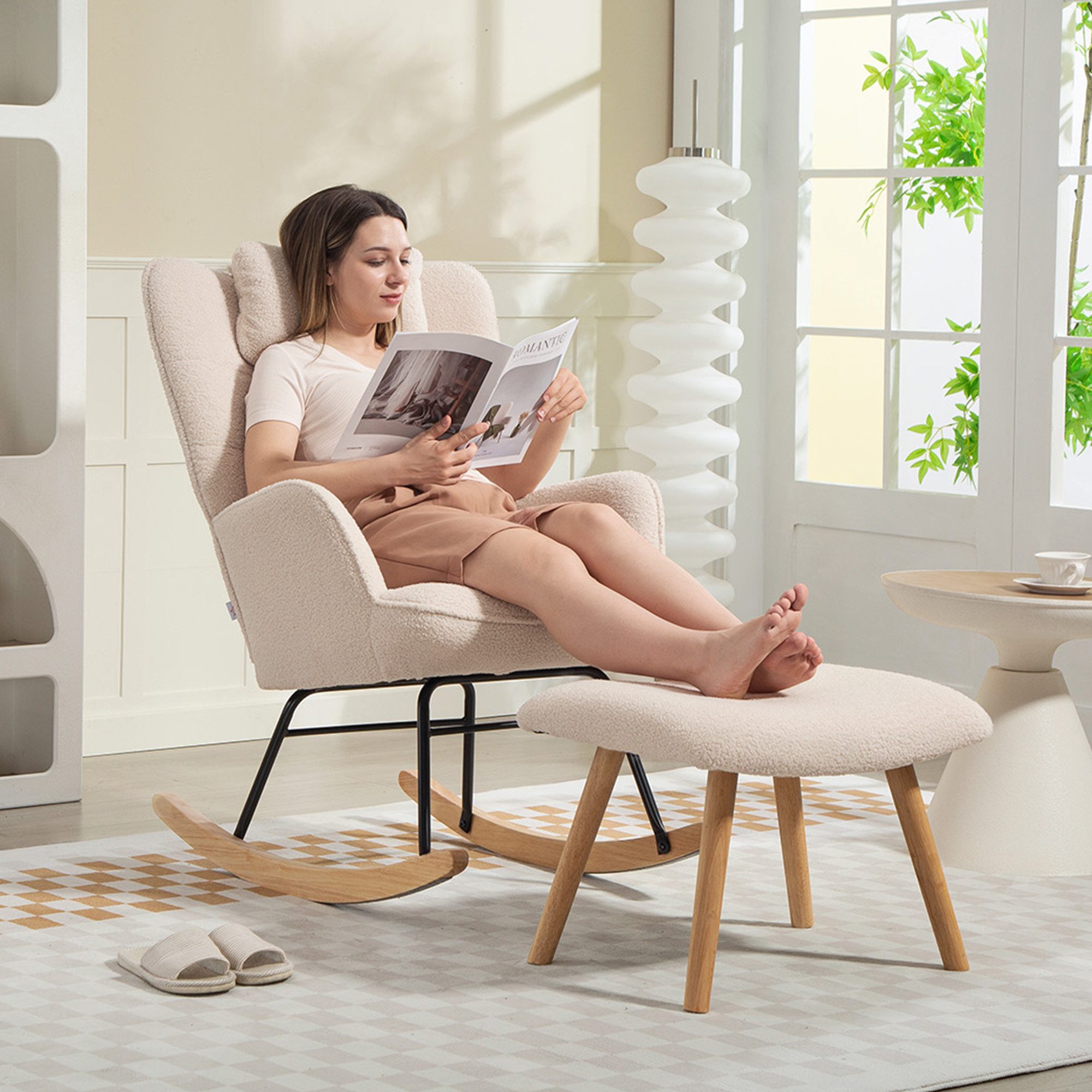 HOMCOM Schaukelsessel Schwingsessel mit Lendenkissen, Kopfstütze, Relaxsessel (Schwingstuhl, 2-St., Schaukelstuhl und Fußhocker), Stillsessel für Wohnzimmer, Schlafzimmer Beige