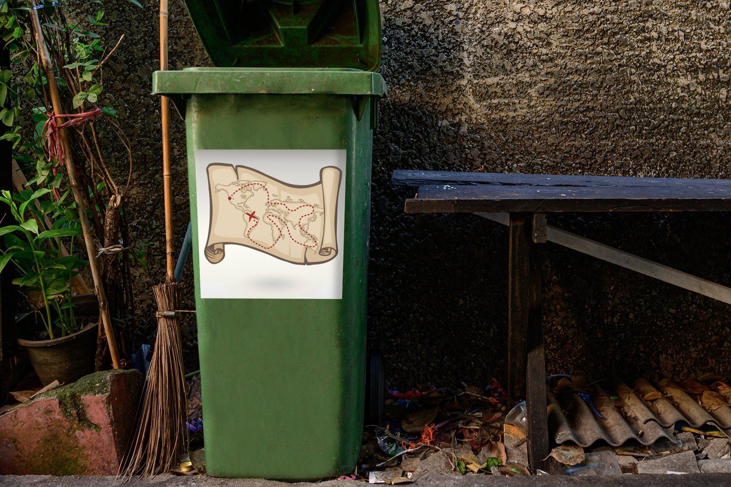 Mülltonne, Container, Illustration Wandsticker Sticker, St), Eine MuchoWow Mülleimer-aufkleber, einer Abfalbehälter Piratenweltkarte (1