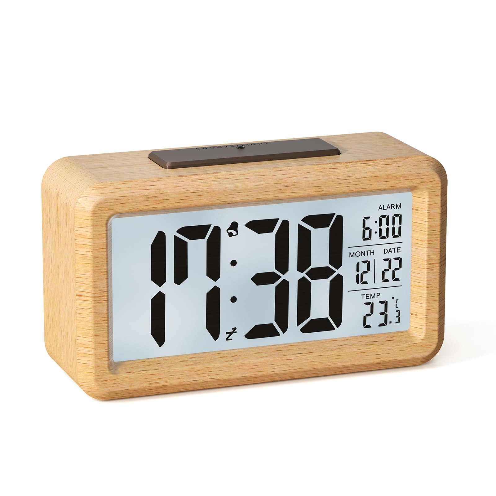 Minicloss Wecker Wecker Digital aus Holz mit Großem LCD-Display, Datum, Temperatur Automatischem Lichtsensor, Snooze-Funktion, Batteriebetrieben