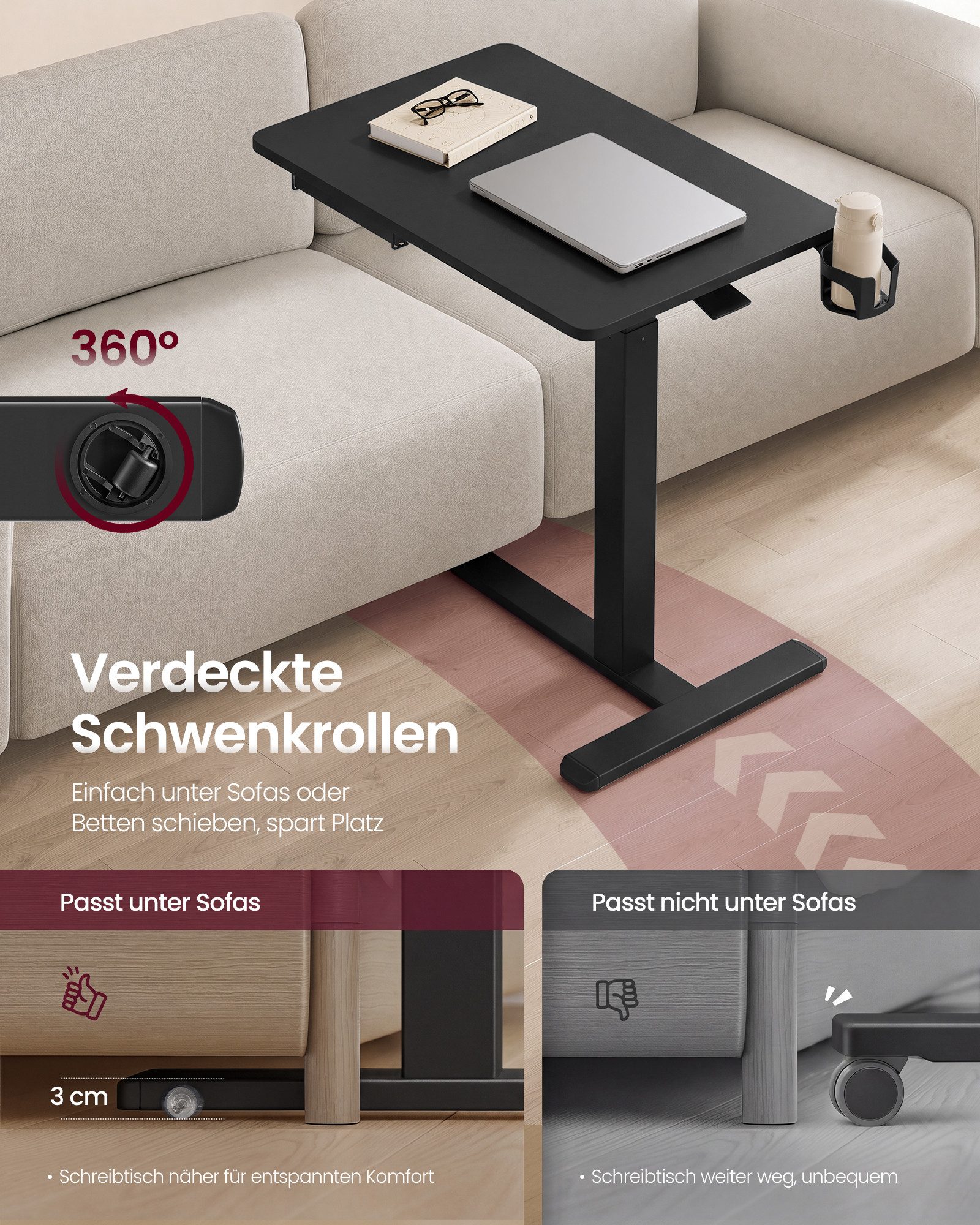 VASAGLE Schreibtisch Höhenverstellbarer Schreibtisch Laptoptisch mit Schublade und Rollen, 70 x 45 cm Für Schlafzimmer und Wohnzimmer mit Getränkehalter – Bild 4 von 5