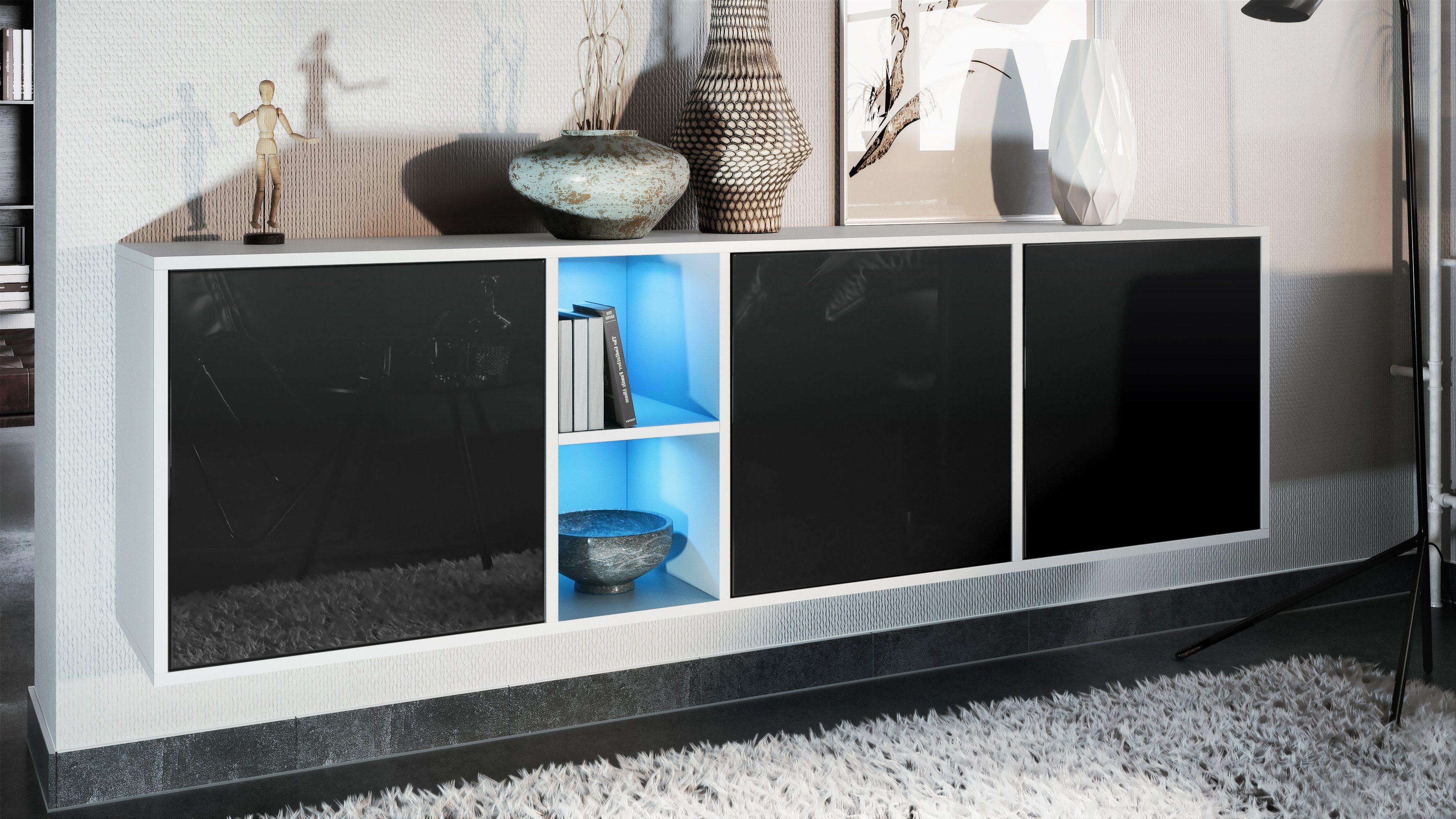 Vladon Sideboard Cuba (Kommode, mit 3 Türen und 2 offene Fächer), Weiß matt/Schwarz Hochglanz inkl. LED-Beleuchtung (182 x 53 x 35 cm)