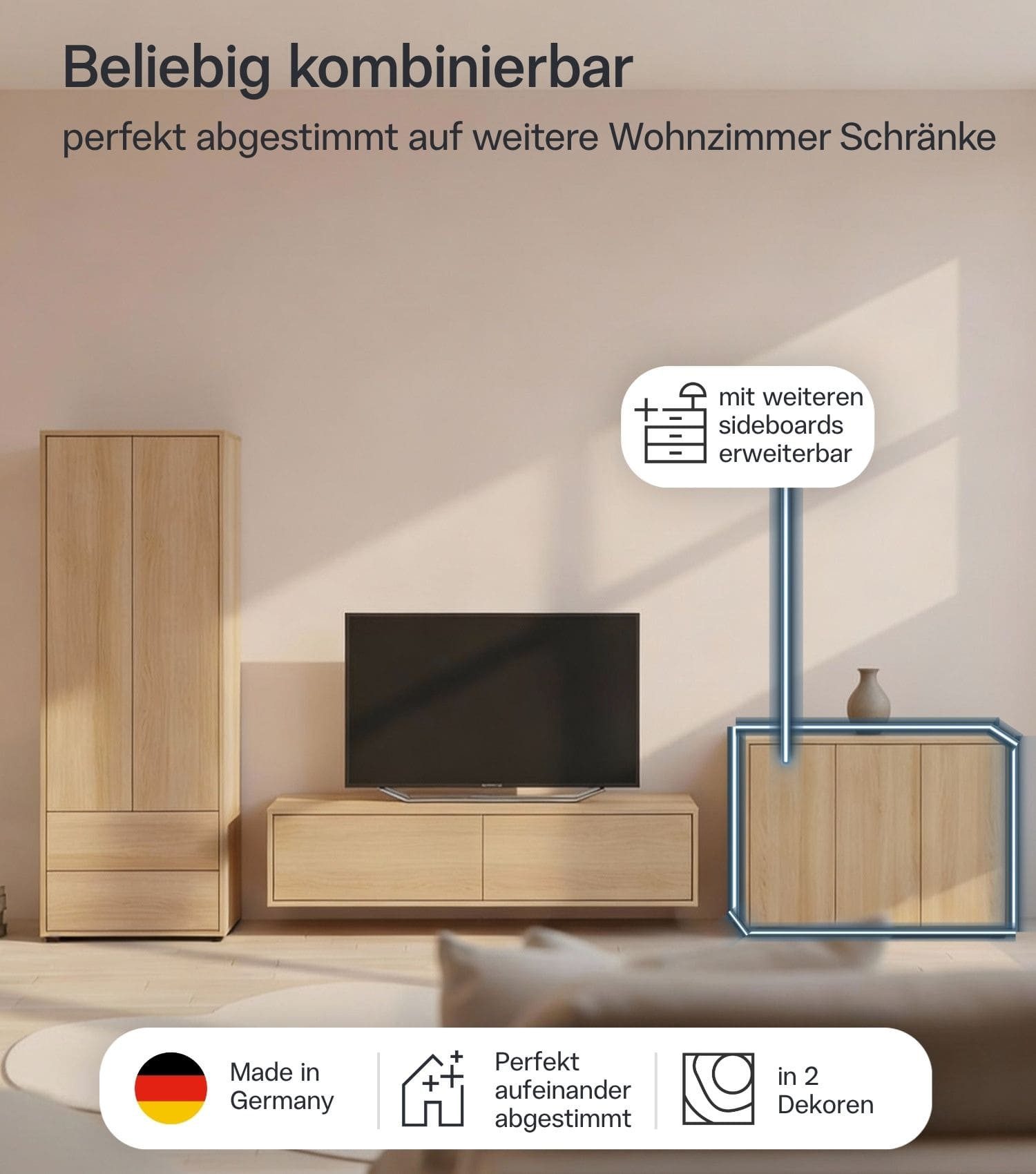 mokebo Sideboard 'Horizon' Holz Kommode Push-to-Open Türen Schrank (73x103 cm, mit Einlegeböden), Made in Germany, Kommode, Beistellschrank, Anrichte in Eiche – Bild 4 von 5