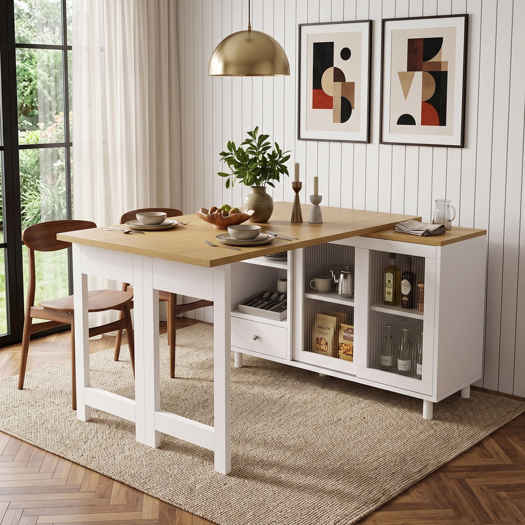 STILVORA Bartisch Ausziehbarer Klapptisch mit Stauraum Esstisch,Natur+Weiß (Klappbarer Esstisch mit Sideboard, Stauraum und Schiebetür, 3-in-1 Design, klappbar, Schubladen, Milchglas, offene Fächer), Für Esszimmer, Küche, kleine Wohnungen und Wohnbereiche
