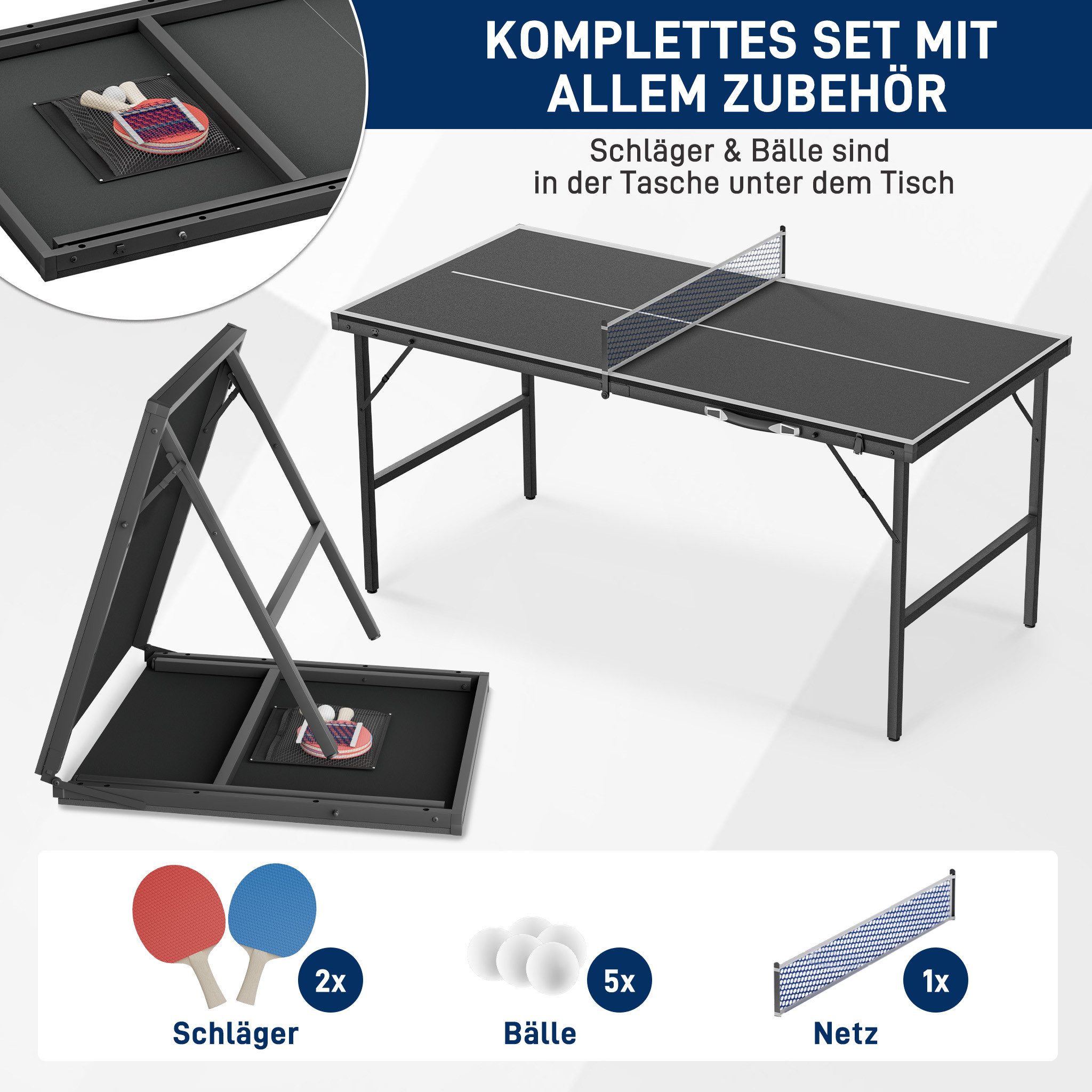 FIVMEN Mini-Tischtennisplatte klappbar im Koffer-Design mit TT-Netz und 2 Schlägern, laminierte MDF-Platte & rostfreier Metallrahmen 152,5 x 76 cm