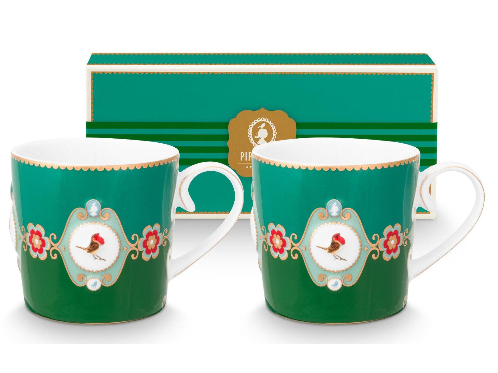 PiP Studio Becher Love Birds Medallion Emerald-Green Henkelbecher Small 0,15l Set2, Porzellan