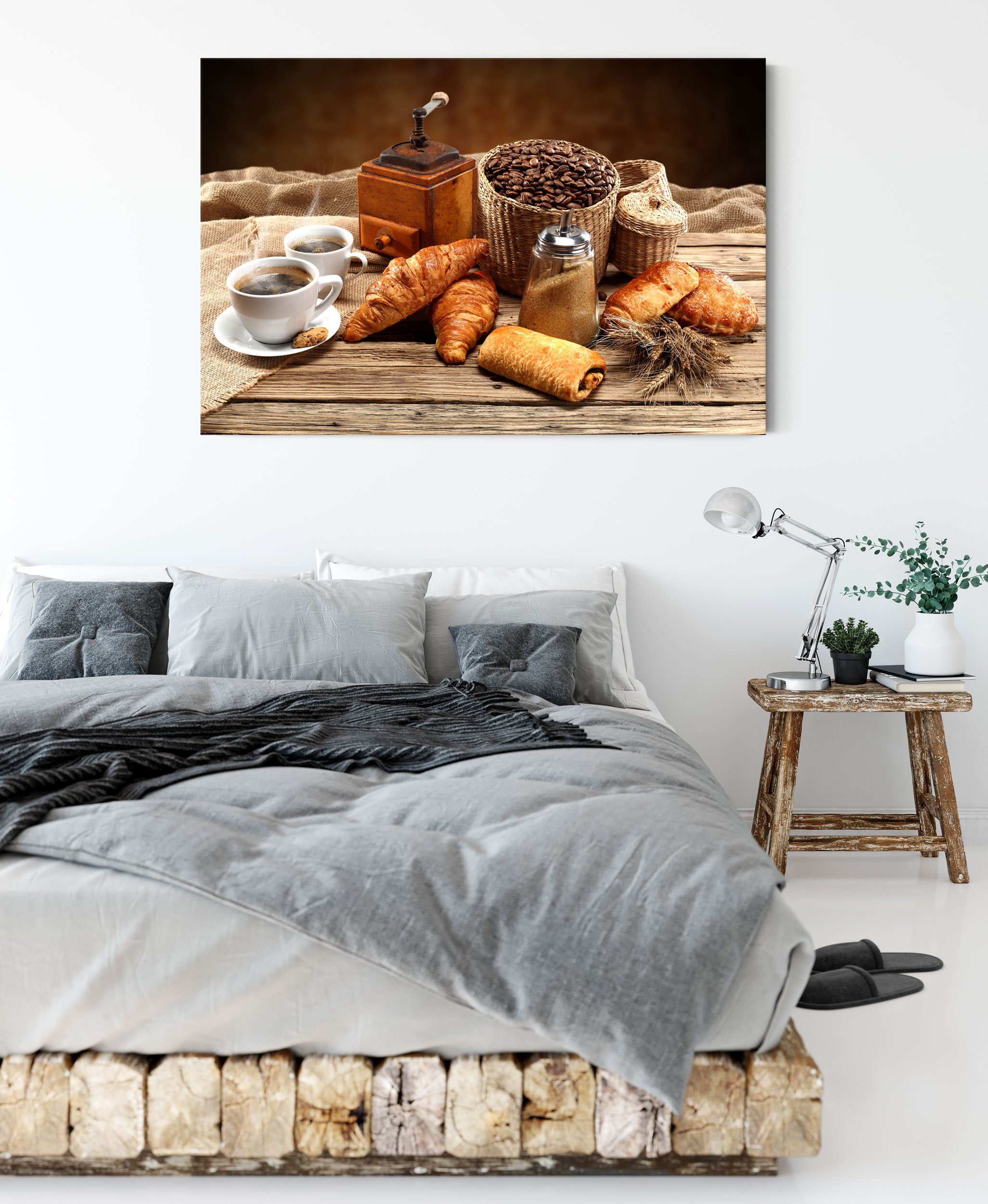 Croissant, Kaffee bespannt, Pixxprint mit Leinwandbild Kaffee Zackenaufhänger St), Aromatischer Croissant inkl. fertig (1 mit Aromatischer Leinwandbild