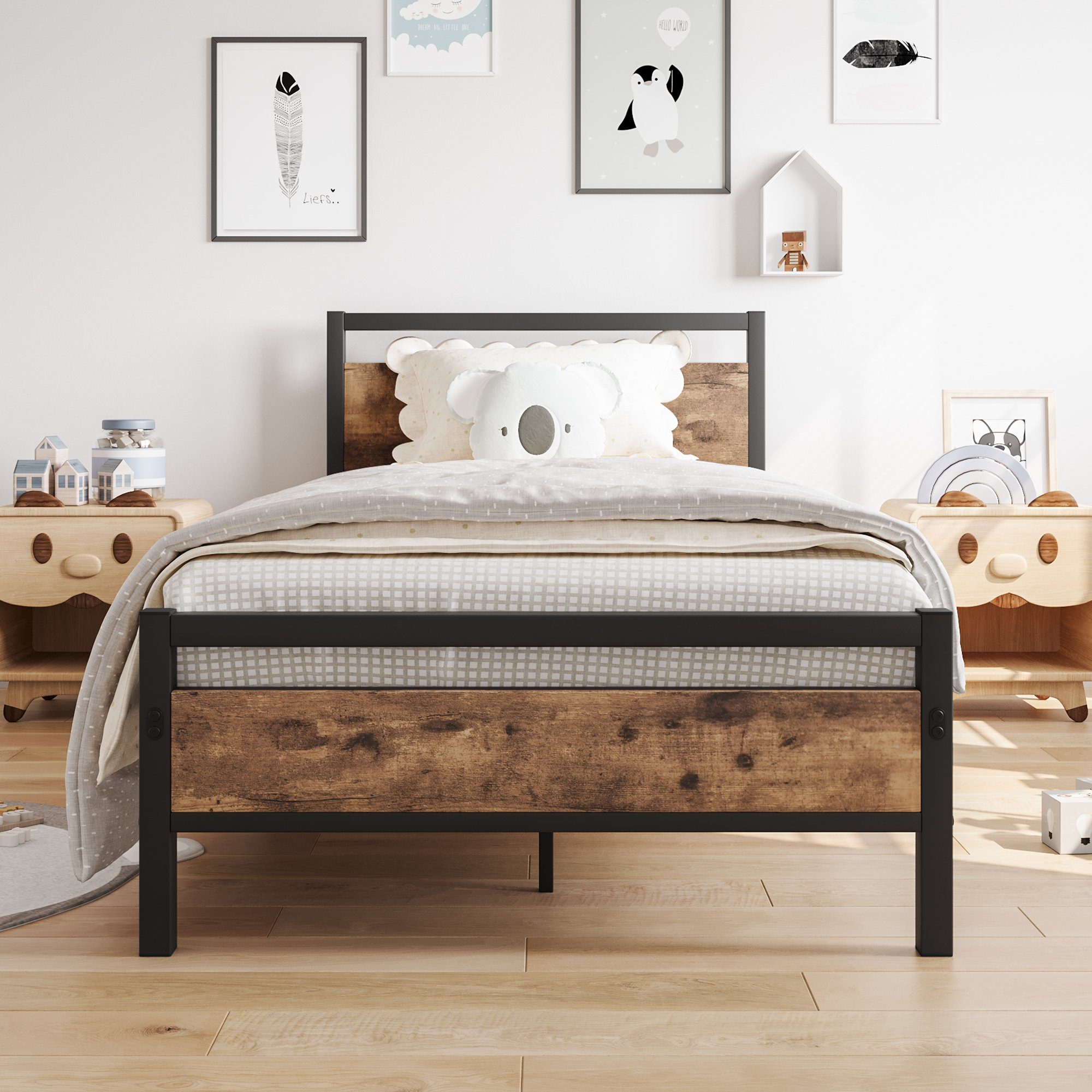 Matratze, Jugendbett mit OKWISH mit Kopfteil Metallbett Schwarz+Braun ohne Lattenrost