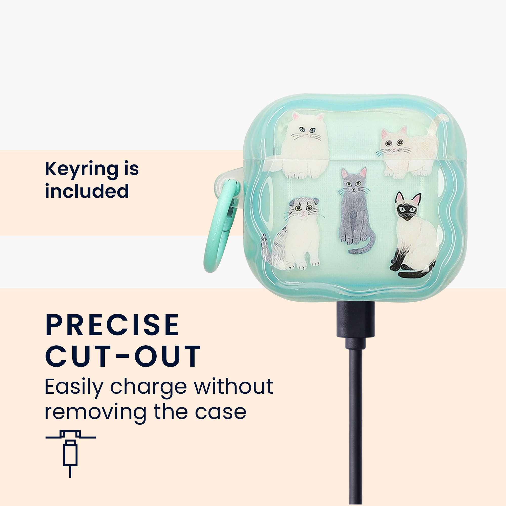 kwmobile Kopfhörer-Schutzhülle In-Ear Kopfhörer Case für Apple Airpods 4, Hülle mit Karabiner - Headphones Case - Verschiedene Katzenarten – Bild 4 von 5