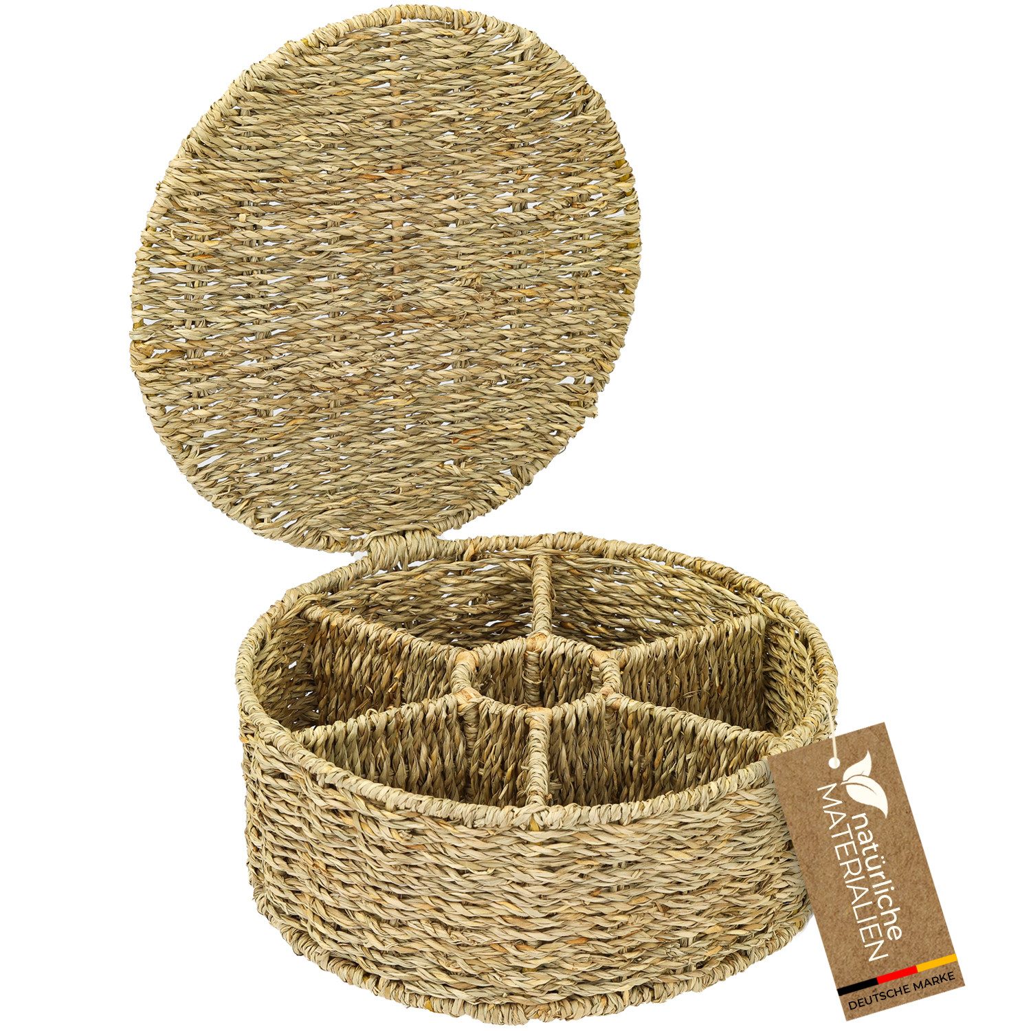 HMF Teebox Teebox für Teebeutel geflochten aus Seegras, Seegras, Tee Aufbewahrungsbox mit 7 großen Fächern, 27 x 27 x 11 cm