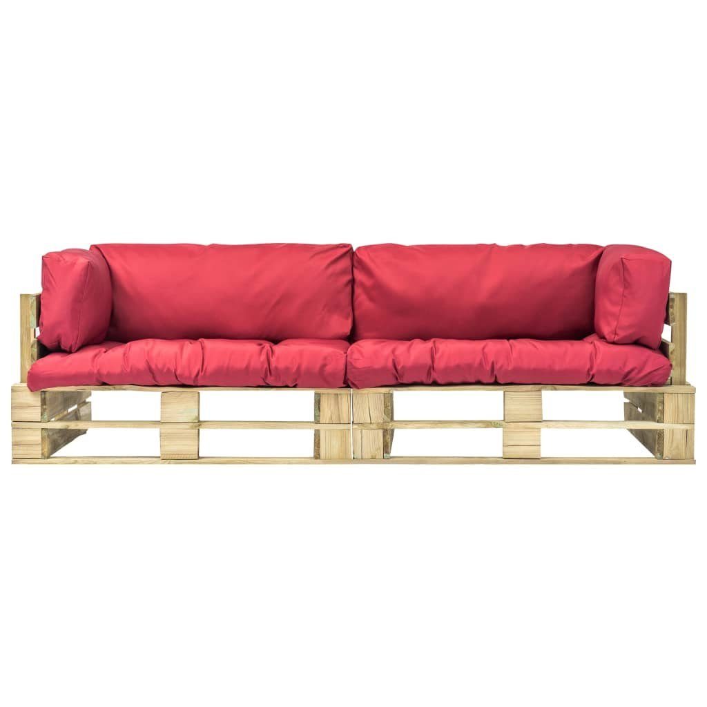 vidaXL Loungesofa Outdoor-Sofa-Set 2 Rot Grün Rot Kissen Teile in mit 2-tlg. und Kiefernholz, Paletten