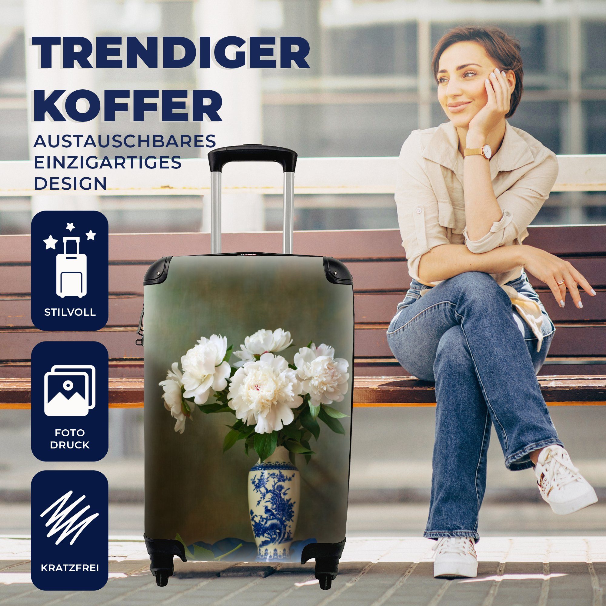 - Ferien, Vase Handgepäck Pfingstrosen 4 Handgepäckkoffer mit - Reisetasche Trolley, Weiß, für rollen, Rollen, Reisekoffer MuchoWow