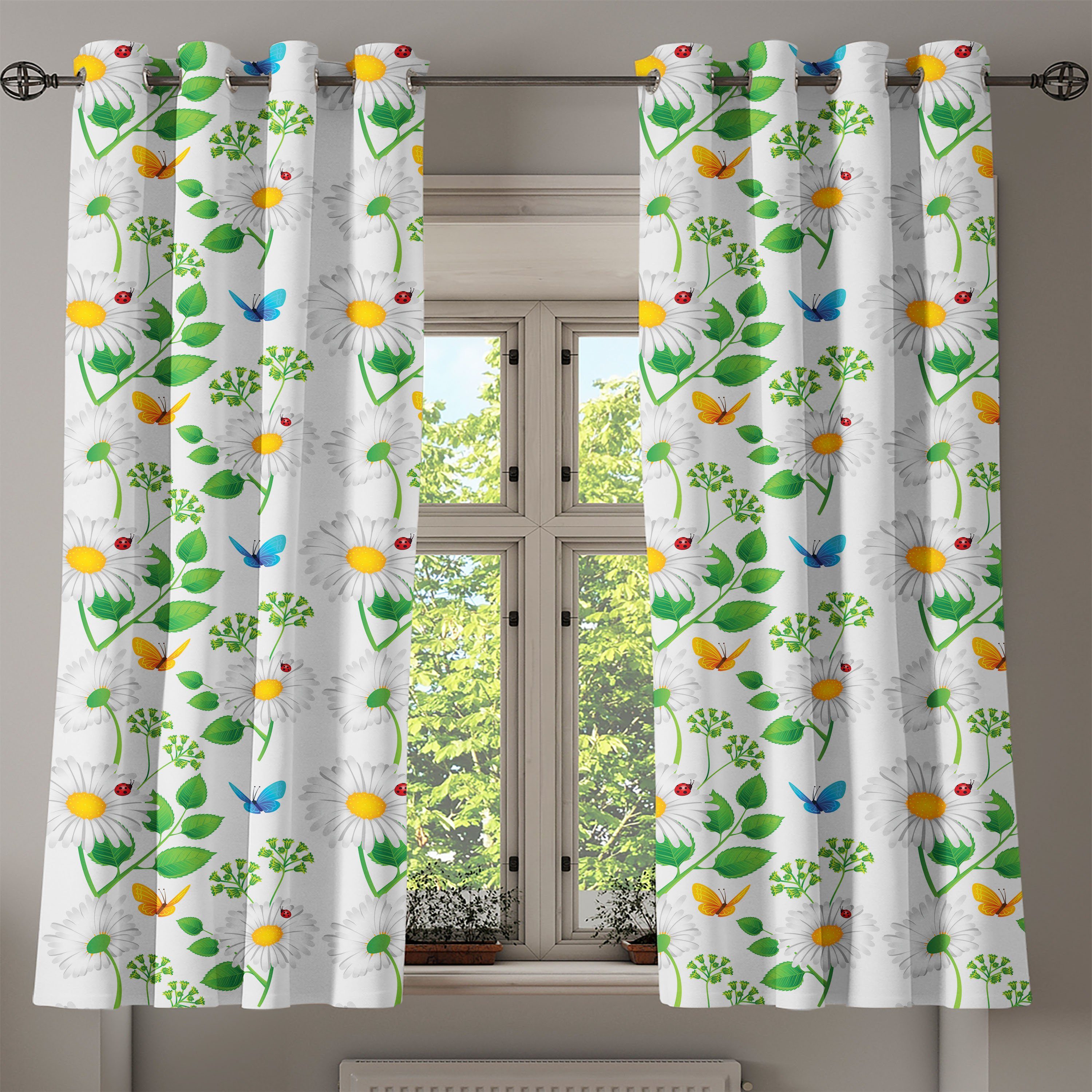 Gardine Dekorative 2-Panel-Fenstervorhänge für auf Blume Abakuhaus, Marienkäfer Schlafzimmer Wohnzimmer, Kamillen