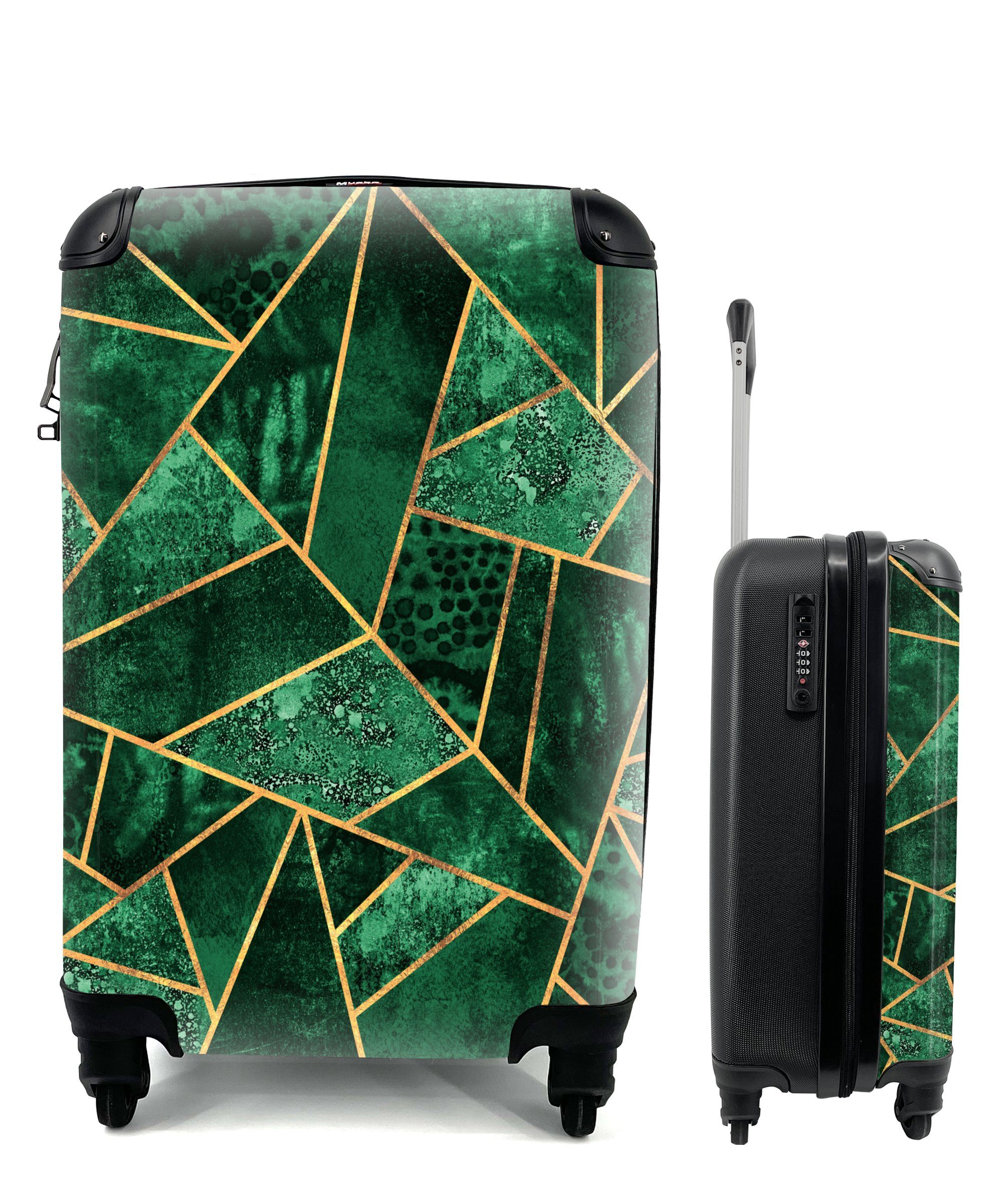 MuchoWow Handgepäckkoffer Smaragd - Gold - Abstrakt - Muster, 4 Rollen, Reisetasche mit rollen, Handgepäck für Ferien, Trolley, Reisekoffer