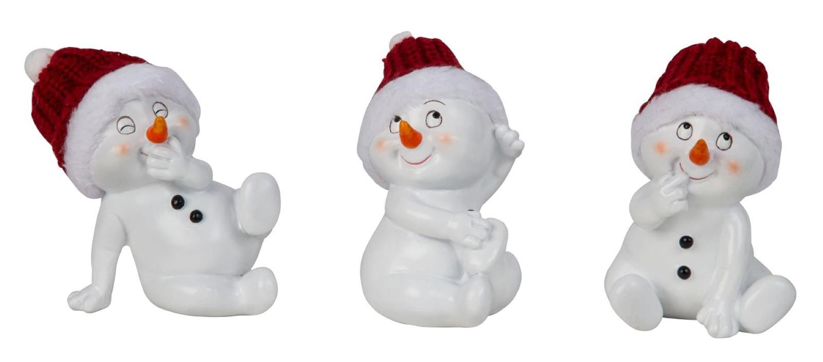 Geschenkestadl Schneemann 3 x Schneemann sitzend 11,5cm Weihnachten Winter versch. Varianten (Spar-Set, 3 x sitzend), lustige Schneemänner