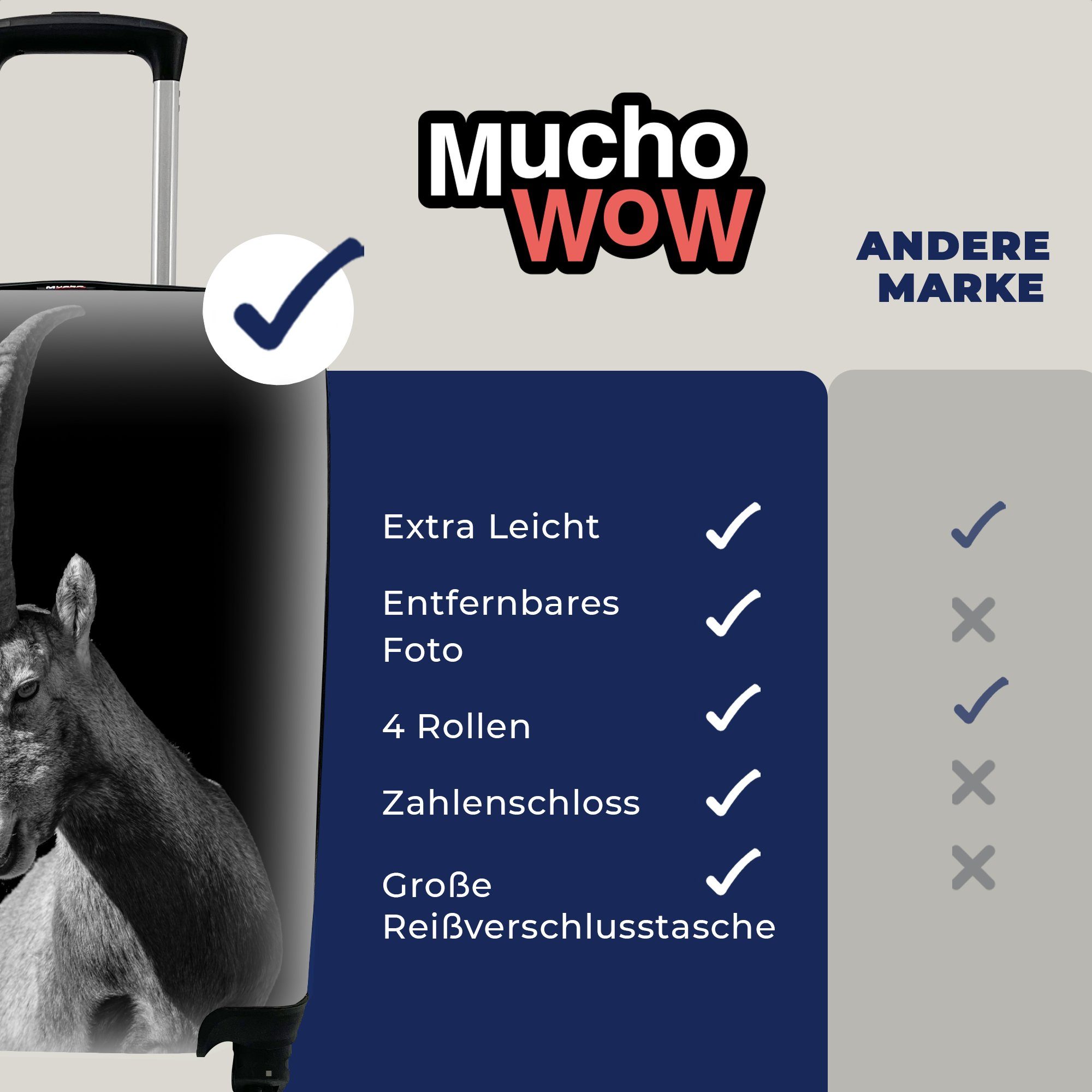 MuchoWow Handgepäckkoffer Schwarz-Weiß-Foto 4 Ferien, rollen, Reisekoffer Trolley, Handgepäck für Ziege, Rollen, Reisetasche mit