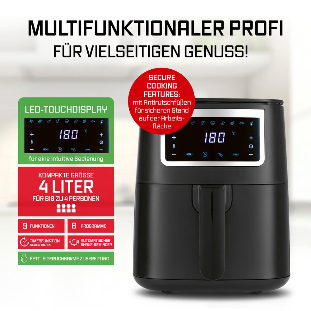 GOURMETmaxx Heißluftfritteuse 4 L Airfryer, Fritteuse mit Touchscreen, 1300 W, 9 Funktionen 8 Programme Minibackofen Pommes Steak nahezu ohne Fett