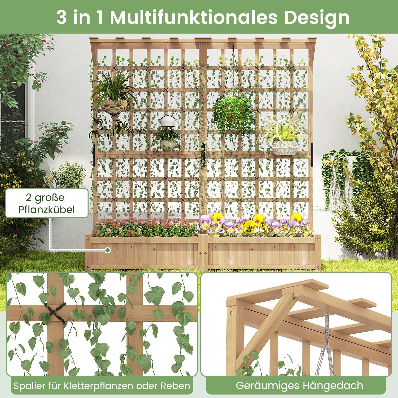 COSTWAY Hochbeet (1 St), Blumenkasten mit Spalier & Dach, für Kletterpflanzen, 180x48x183cm