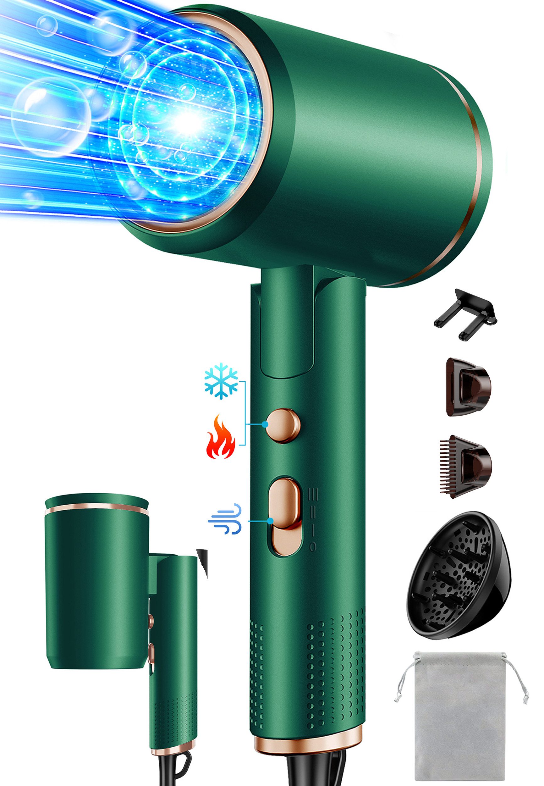 Fyrove Ionic-Haartrockner Föhn,Ionen-Haartrockner 2500W, klappbar, 3 Stylingdüsen, 2400 W, 2 Gebläsestufen, Reise-Föhn, Reiseföhn Hairdryer