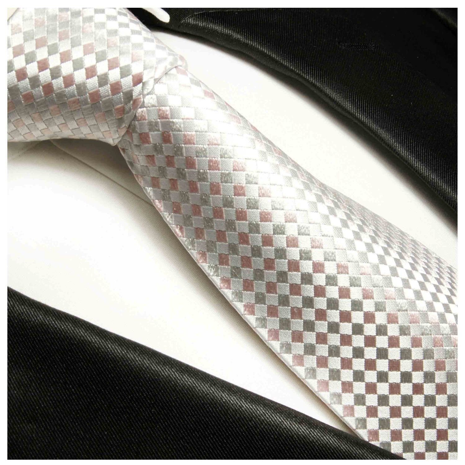 Paul Malone Krawatte Herren 100% Einstecktuch) Breit (8cm), Seide kariert Tuch Krawatte und Seidenkrawatte mit silber 472 (Set, rosa modern 2-St