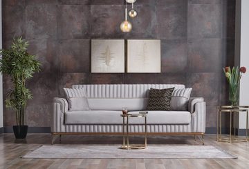 Casa Padrino Schlafsofa Luxus Schlafsofa Hellgrau / Braun / Gold 228 x 94 x H. 88 cm - Wohnzimmer Sofa mit 3 Kissen - Luxus Wohnzimmer Möbel