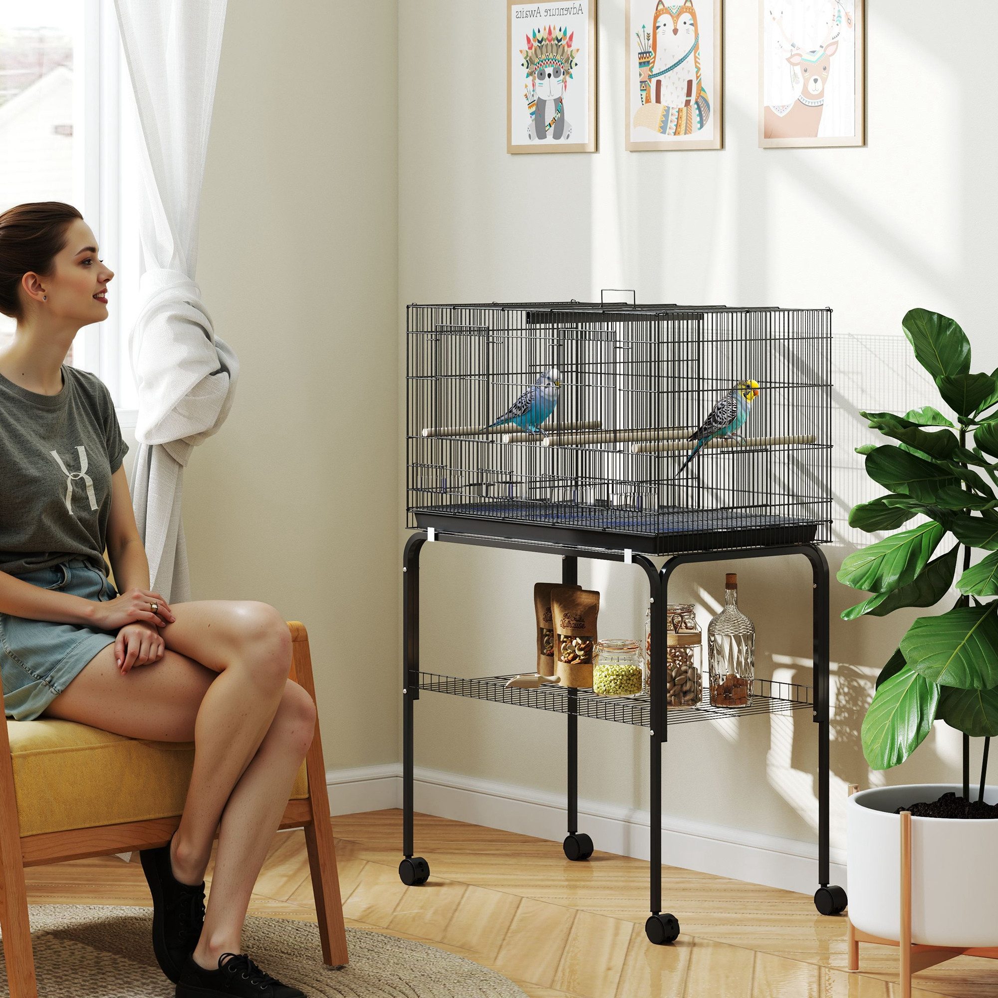 PawHut Vogelkäfig 4 Sitzstangen und Futterschalen, Teilbar mit Trennwand, fahrbar, 76x46x116 cm