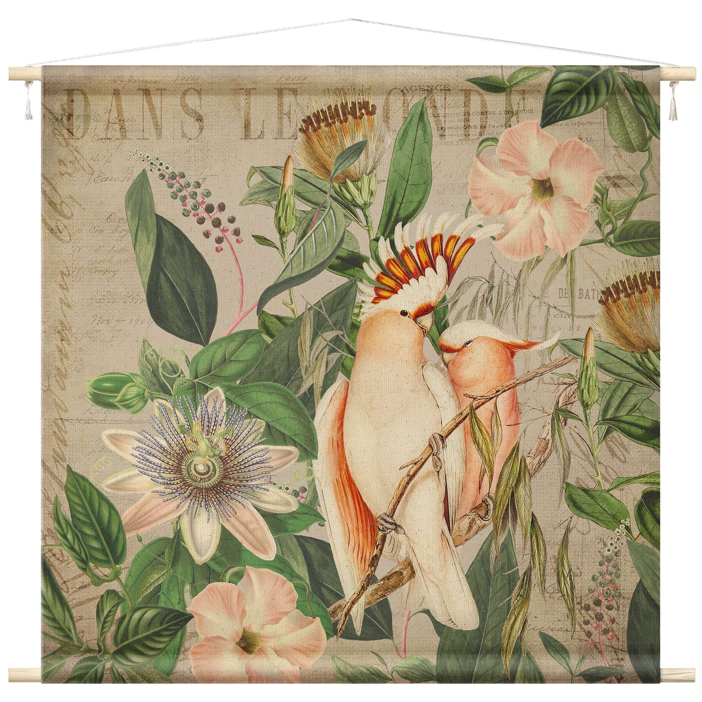 Bilderdepot24 Wandteppich modern Blumen Vintage Tiere Vögel rosa, quadratisch, Höhe: 2.6 mm, großes Wandbild aus Natur-Baumwolle Wandbehang Stoffbild Tuch Wollseil