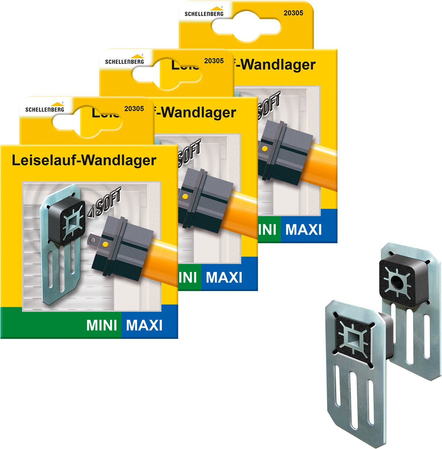 SCHELLENBERG Wandlager Mini und Maxi System, Leiselauf-Wandlager-Set für Rollläden (Set, 3-St), geräuscharmes Lager für motorisierte Rollläden