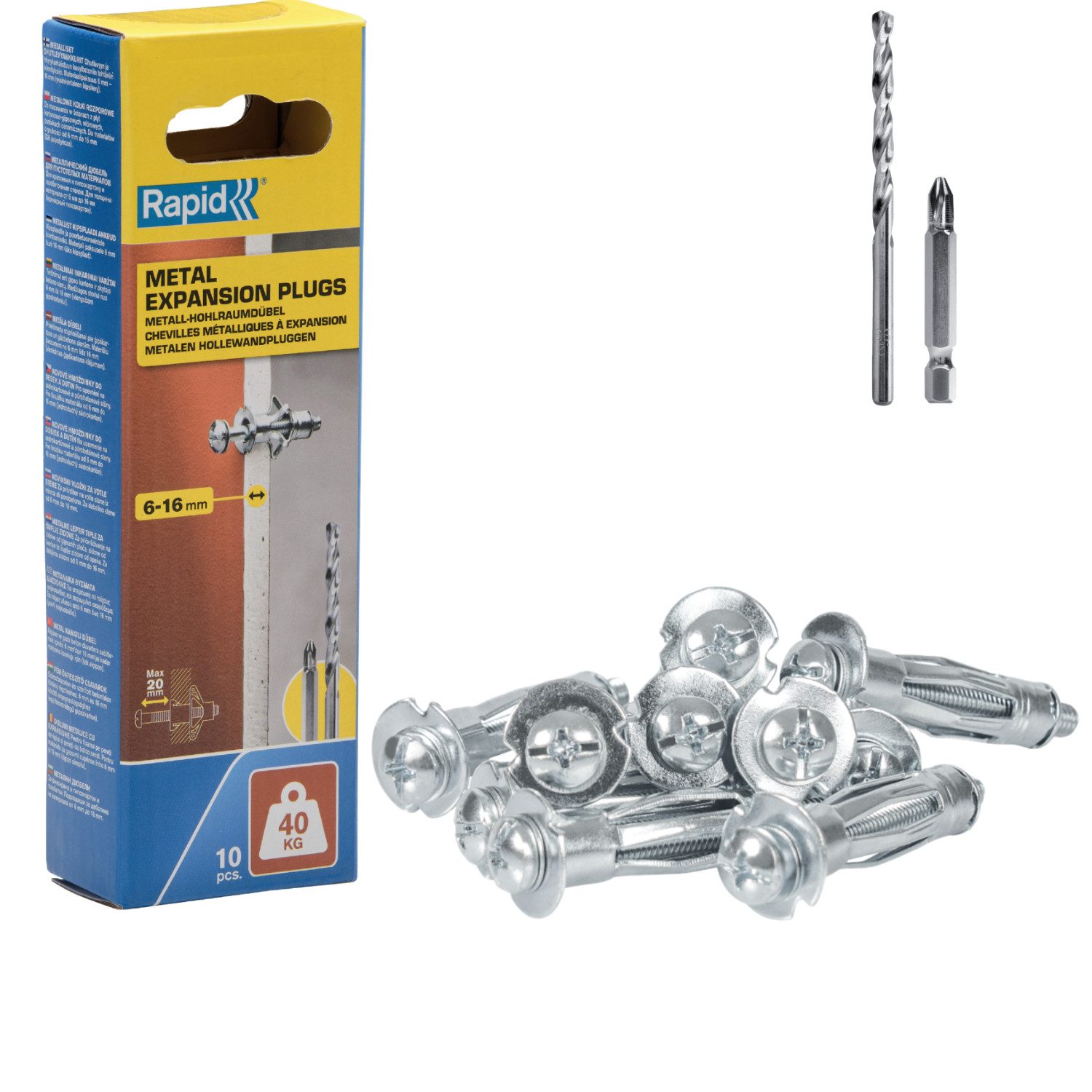 Rapid Hohlraumdübel Metall Hohlraumdübel 6-16mm 10 Stk Set mit Bohrer Gipskarton 5001549, Bis zu 40 kg Tragkraft