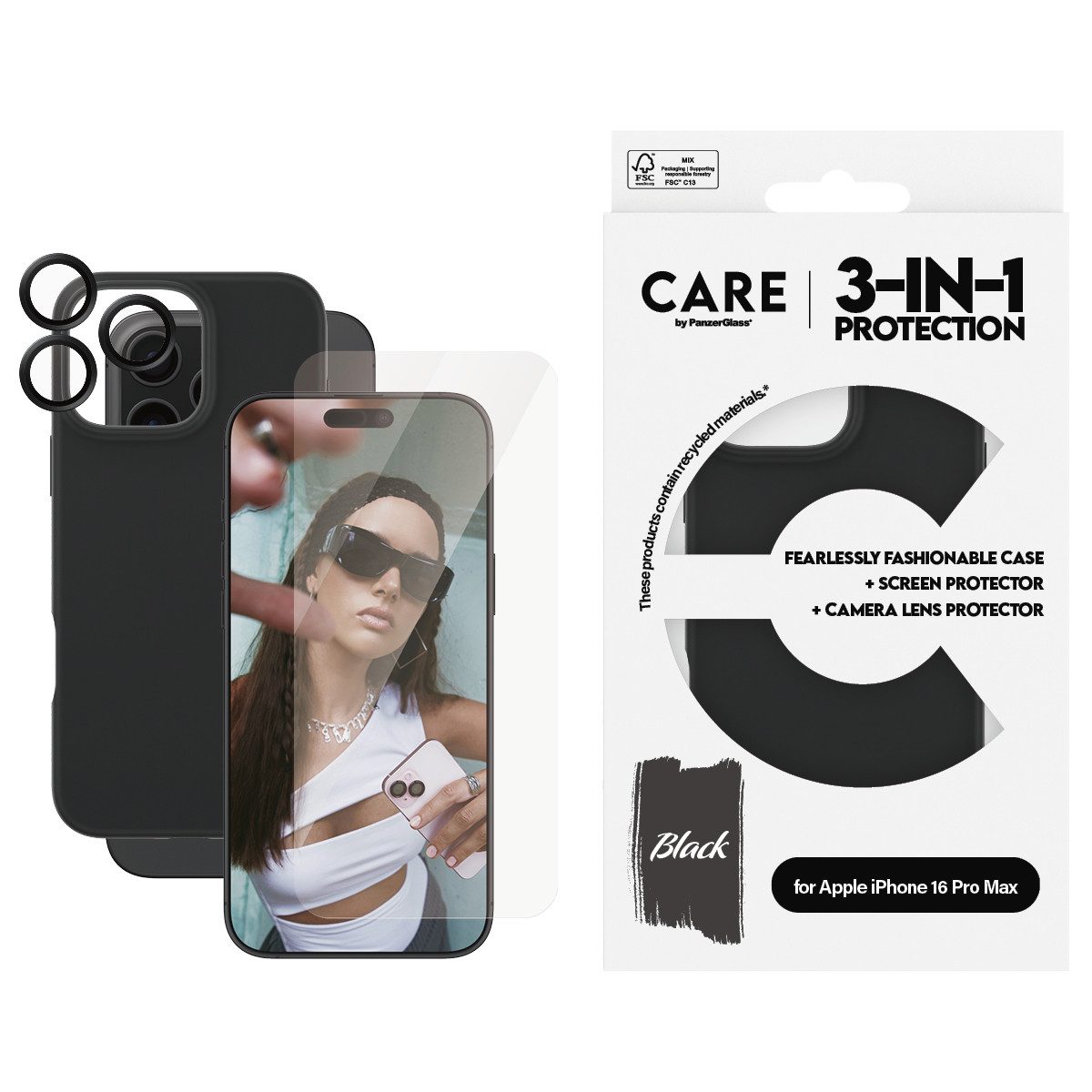 CARE by PanzerGlass Displayschutzglas 3-in-1 Protection, Glass, Case, Lenscover für Apple iPhone 16 Pro Max, Displayschutzfolie, Schutzfolie, Bildschirmschutz, kratz- & stoßfest