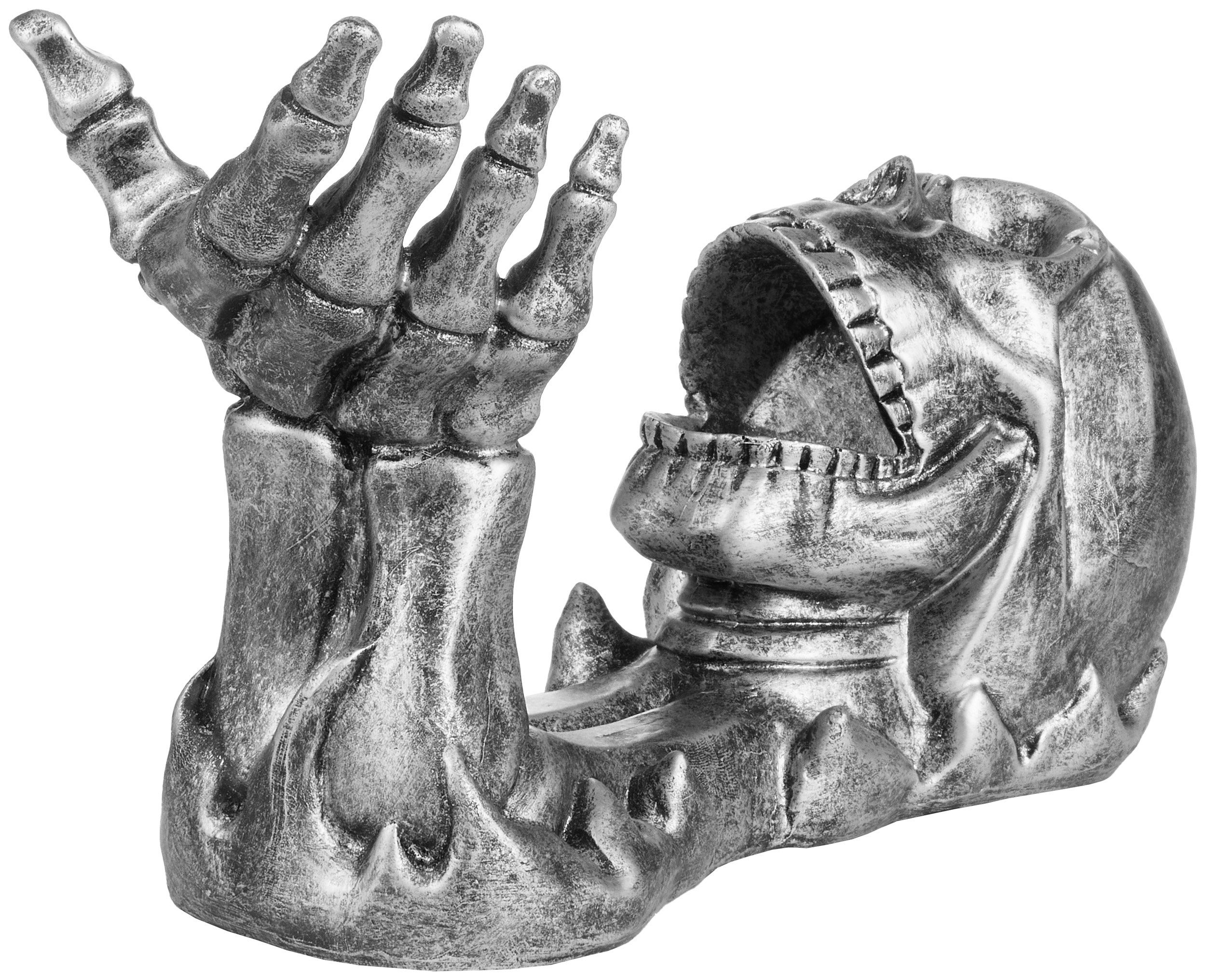 BRUBAKER Weinflaschenhalter Totenkopf Silber, (Flaschenständer Deko Figur Handbemalt Weinzubehör, 1-St., Lustige Dekoration - Wein Geschenk), Flaschenhalter Trinkender Schädel mit Skelett Hand