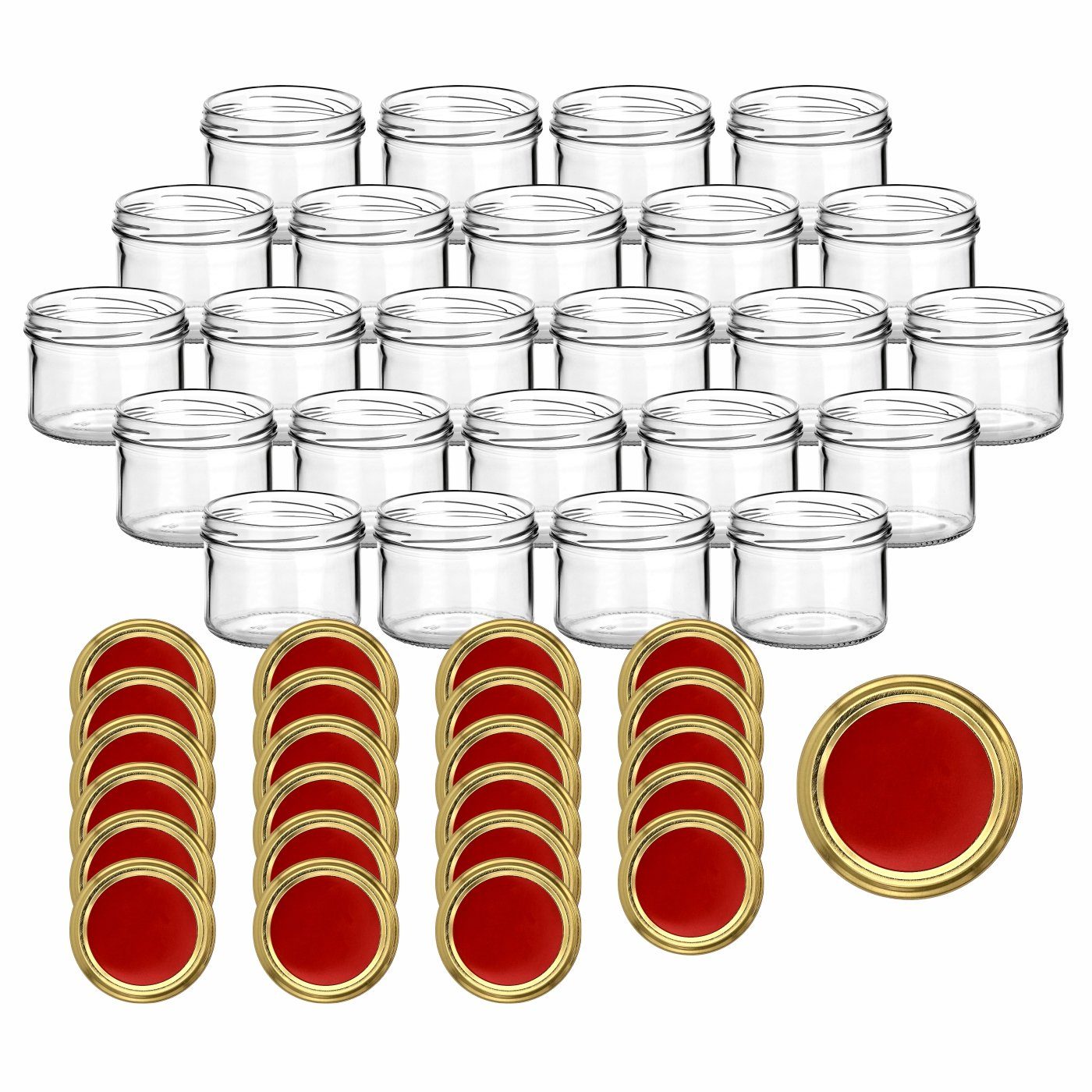 gouveo Einmachglas Vorratsgläser 230 ml rund mit Schraubverschluss TO 82, (24 Stück, Rot-Gold), Gläser für Selbstgemachtes, Marmelade, Wurst