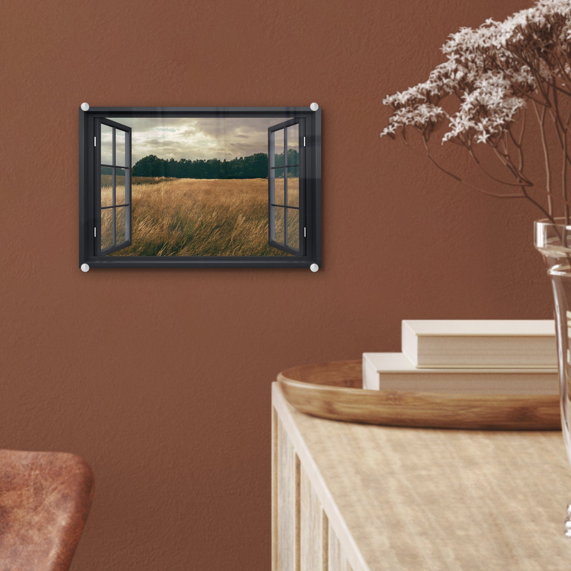 - Foto auf auf (1 MuchoWow Ansicht - Acrylglasbild Glasbilder Bilder Wanddekoration St), Baum, - Wandbild - - Glas Feld Glas