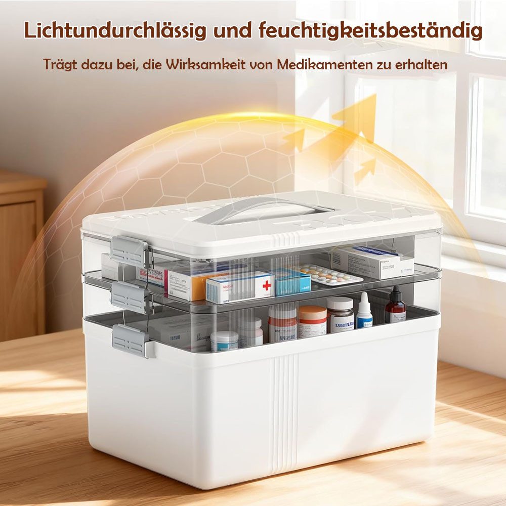 TUWENA Aufbewahrungsbox 3-Stöckige Medikamenten Aufbewahrung Große Hausapotheke mit Tragegriff, Kunststoff Mehrzweck Hausapotheke mit Deckel für Zuhause, Büro, Schule