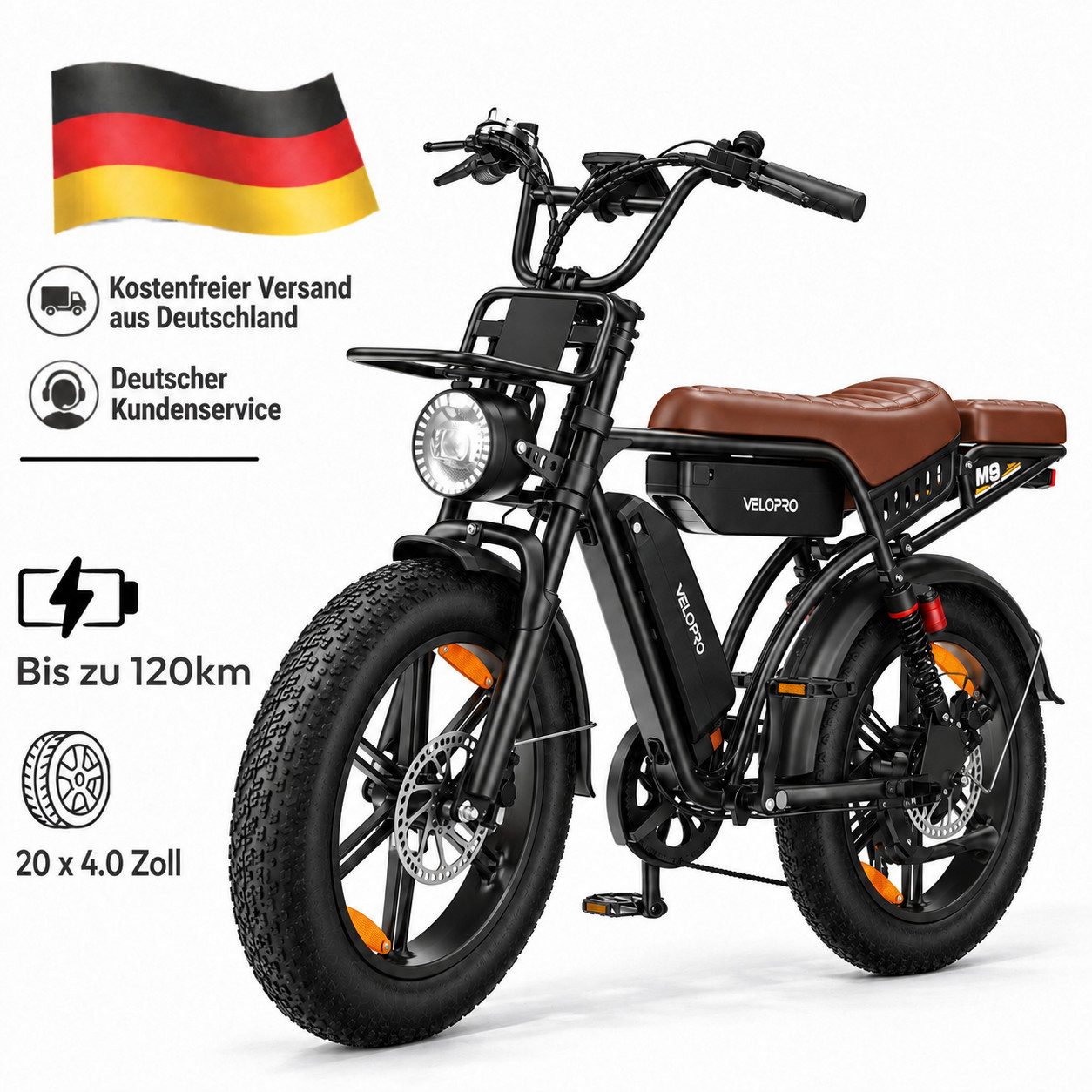 PIXAR E-Bike Mountainbike M9 Fatbike 20 Zoll Elektrofahrrad Doppelakku 48 V 35 Ah bis zu 120KM, 7 Gang Shimano, Heckmotor, 1680 Wh, (Packung), 250 W Vollfederung, hydraulische Scheibenbremsen