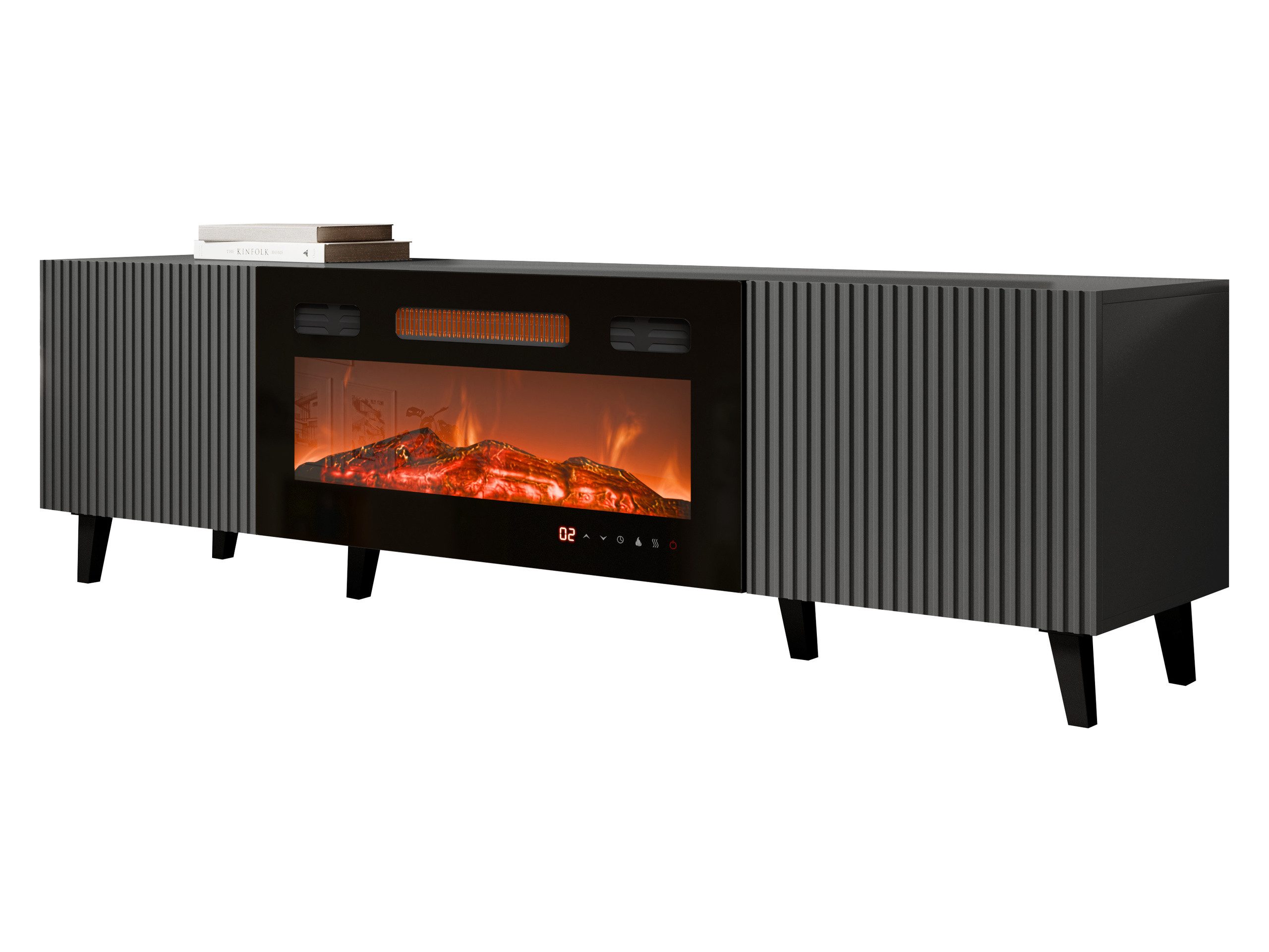 MIRJAN24 TV-Schrank Vamos Grey 180 mit Kamin (mit 2 Türen) Fronten gefräst, Realistische LED-Flamme
