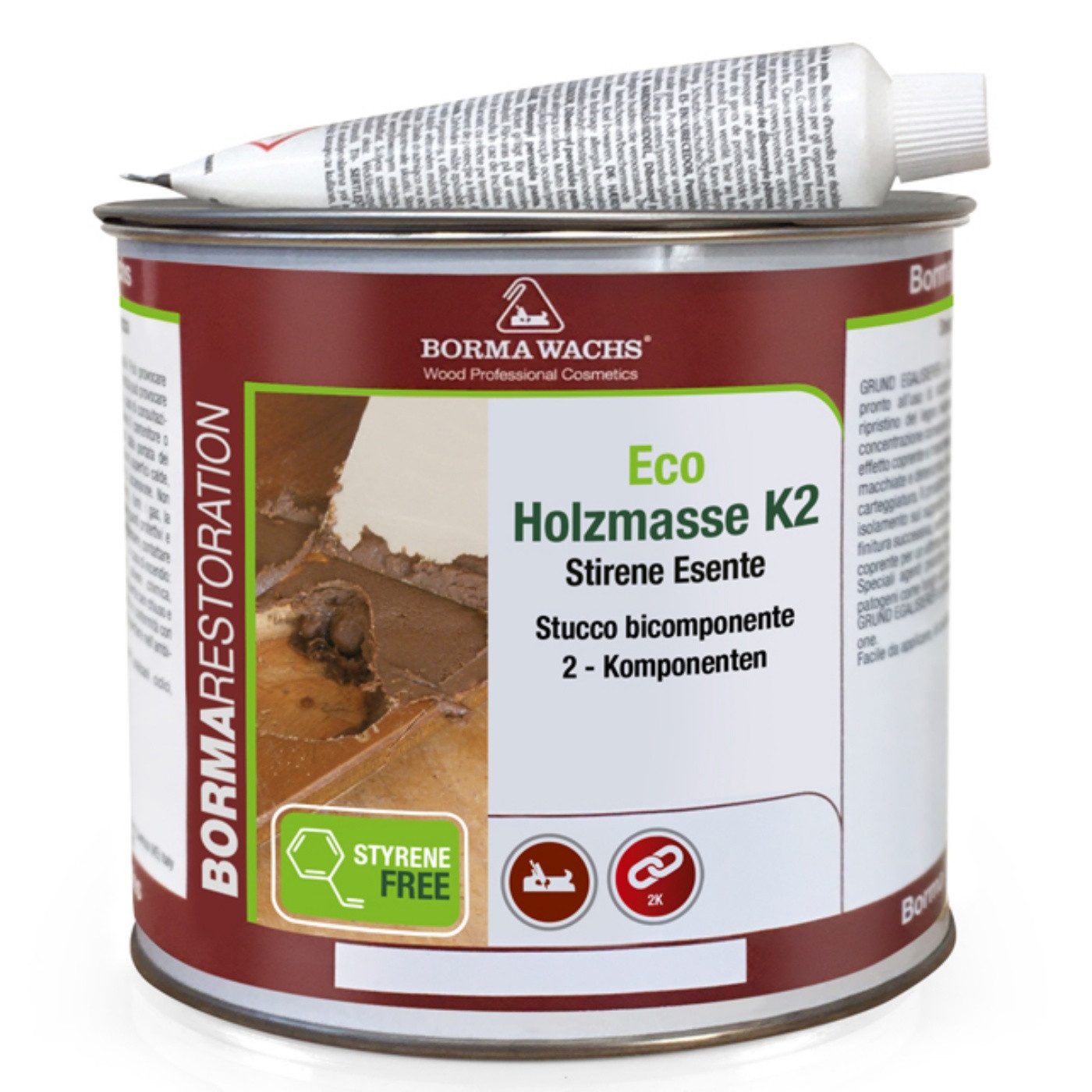 BORMA Spachtelmasse 2K Holzkitt (Polyester, styrolfrei), Schnelltrockned, 2K Holzmasse mit Härter
