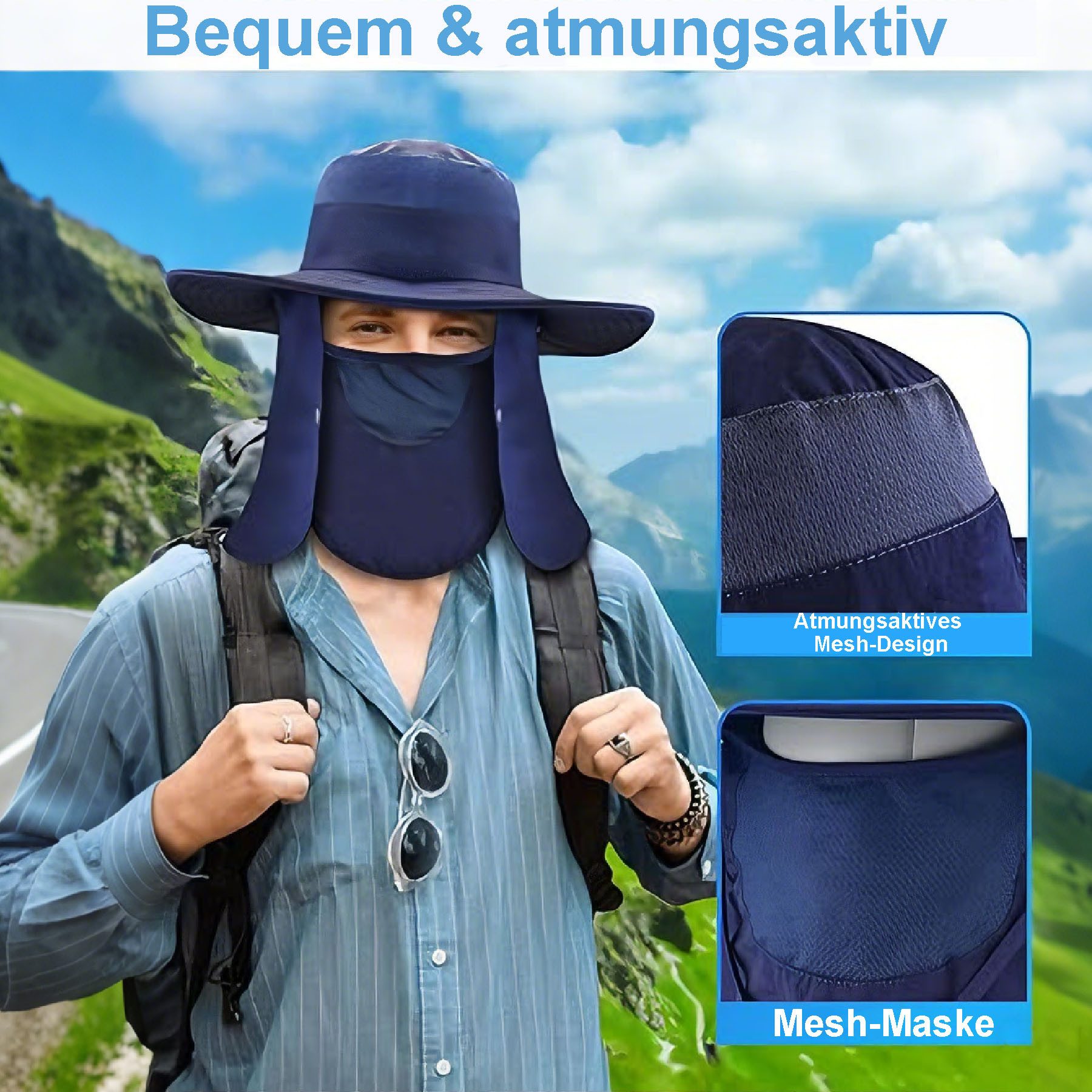 Mutig Sonnenhut Sonnenhut mit Abnehmbarer Halsklappe,Nackenklappe UV-Schutz Sonnenhüte (Herren & Damen Sommer Fischerhut mit Nackenklappe Sonnenschutz Kappe, Wide Brim Mesh Sun Hat, Safari Hat, Foldable,Verstellbarer Kinnriemen) Schutzhüte Wanderhut für Außenbereich, Camping, Wandern, Gehen, Reisen