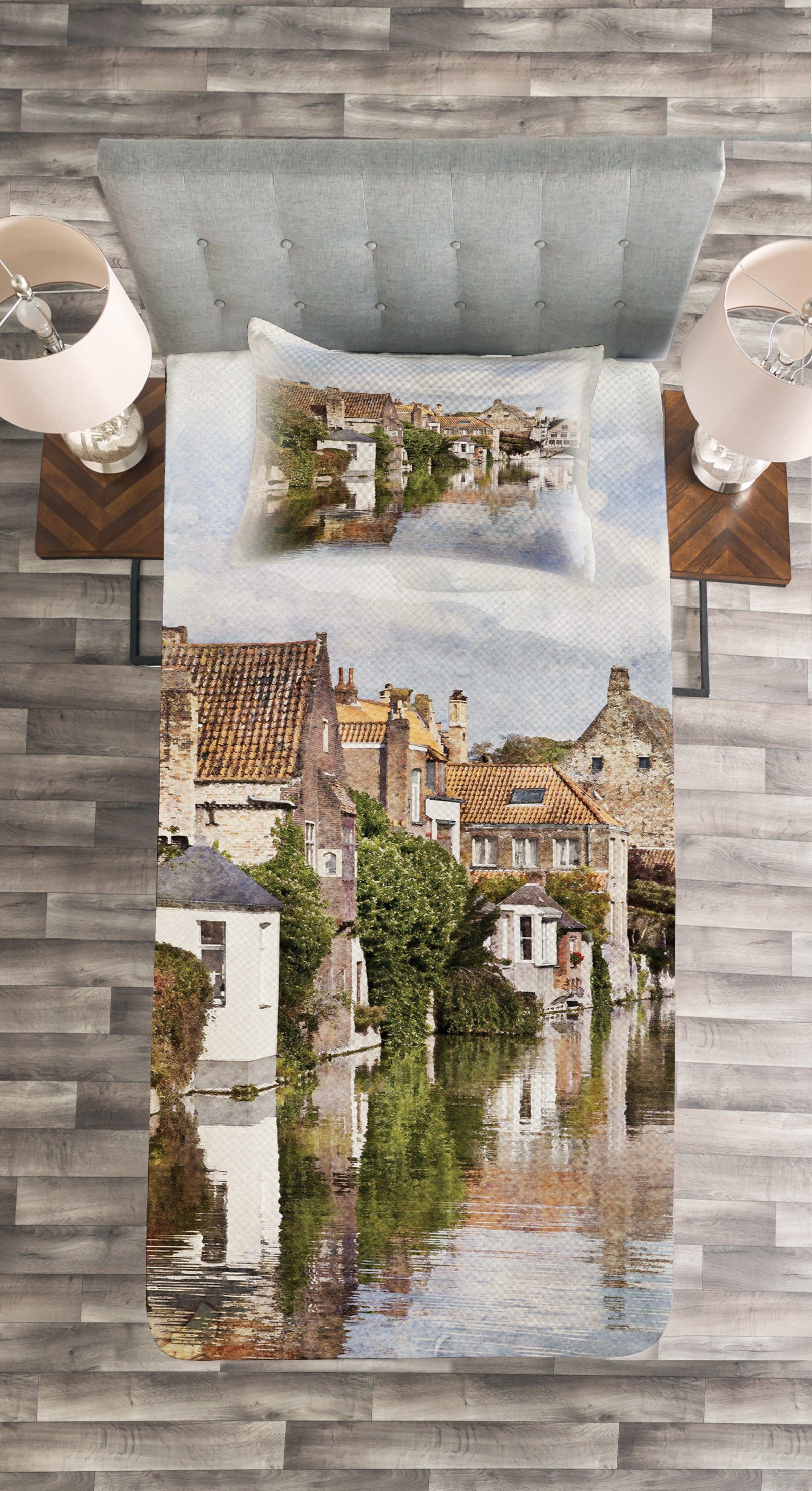 auf Rustikal Waschbar, Abakuhaus, mit Blick Kissenbezügen den Tagesdecke Set Kanal Brugge