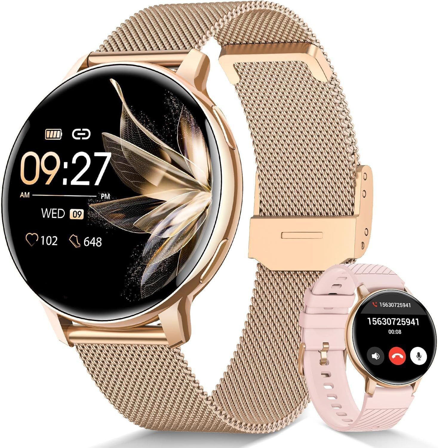 Whraills 2026 NEW Smartwatch Damen Fitnesstracker Uhr mit Anrufe,Pulsuhr,SpO2 Smartwatch (3.53 cm/1,39 Zoll, HD Touchscreen), Smartwatch für Damen mit Blutdruck,Schlafmonitor,Zyklus,2 Armbänder