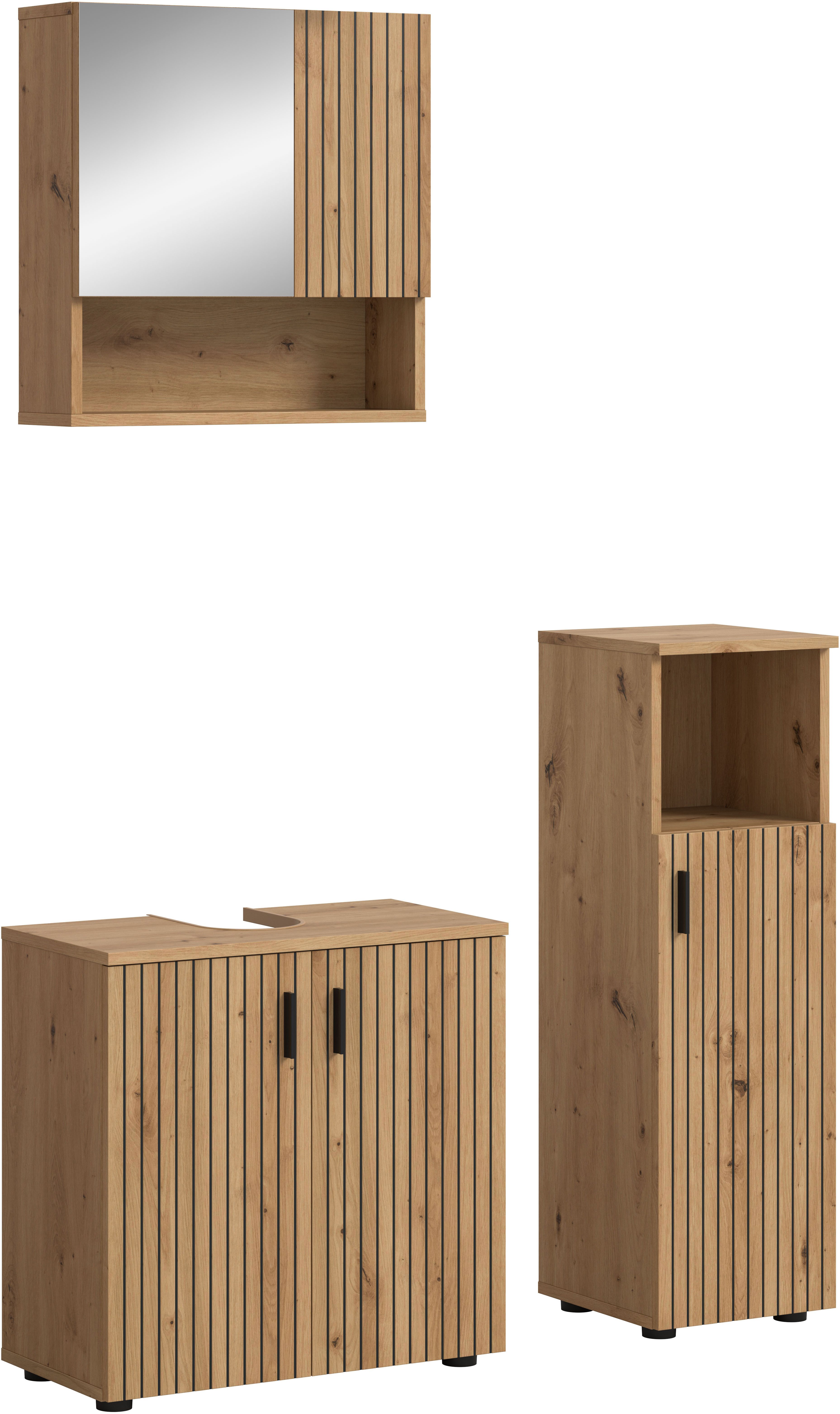 welltime Badmöbel-Set MANI, 3-tlg. Badkombination, Paneeloptik, (Set, 3-St., Set, best. aus:1Badschrank, 1Spiegelschrank, 1Waschbeckenunterschrank), Bad-Kombination, Bad-Möbel, Badezimmer, Kombination, Kombi