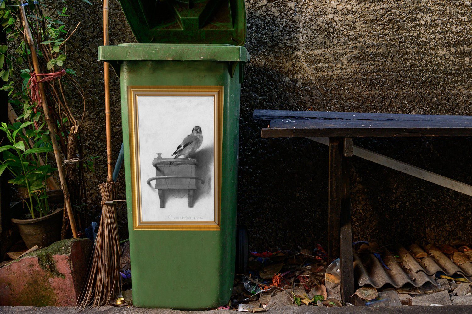 MuchoWow Wandsticker Der Stieglitz - Liste St), Abfalbehälter Mülleimer-aufkleber, - Container, - (1 Mülltonne, Sticker, Gold Maler