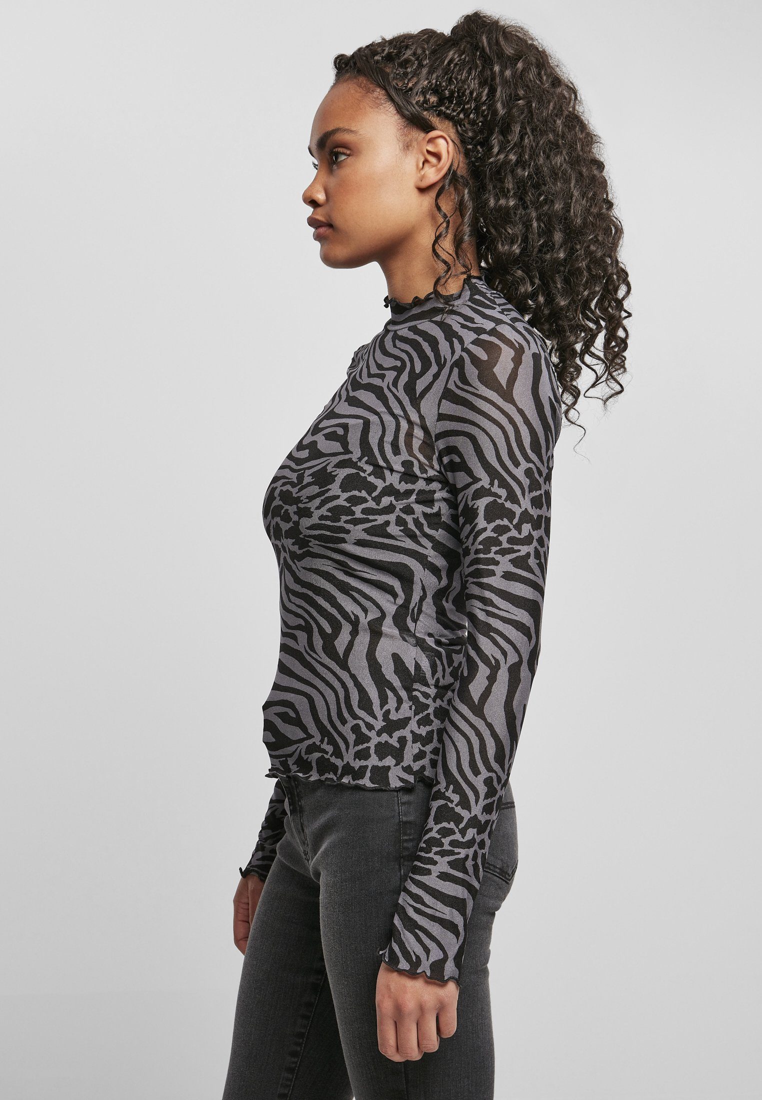 URBAN CLASSICS Langarmshirt Longsleeve (1-tlg) AOP Turtleneck asphalt/black Mesh Ladies Damen