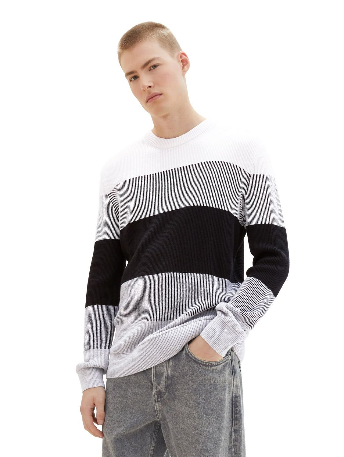 TOM TAILOR Denim Strickpullover STRUCTURED COLORBLOCK aus Baumwolle White Black Grey Colorblock 34213