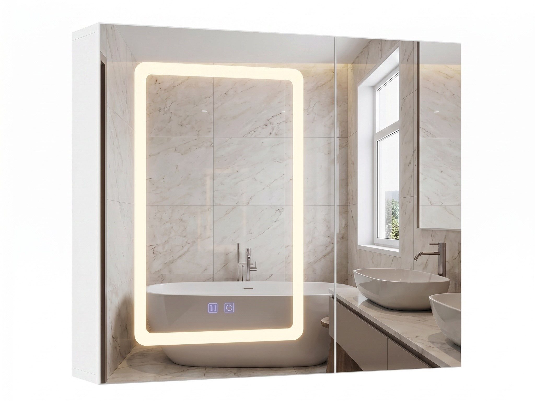 Furnishings Home Badezimmerspiegelschrank Badezimmerschrank Wandschrank Spiegelschrank mit LED-Beleuchtung (1-St., Spiegelbeleuchtung mit drei einstellbaren Farben) Ausgestattet mit drei Spiegeln und Antibeschlagfunktion