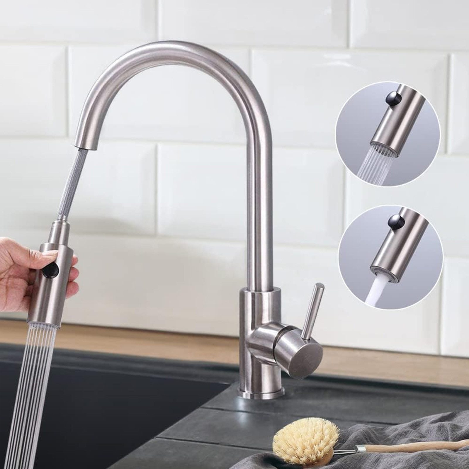 HOMELIVE Spültischarmatur Wasserhahn Küche ausziehbar Küchenarmatur mit 2 Strahlarten (1-St., kaltem und heißem Wasser Wasserhahn) Einhandmischer küchearmatur,Gebürstet
