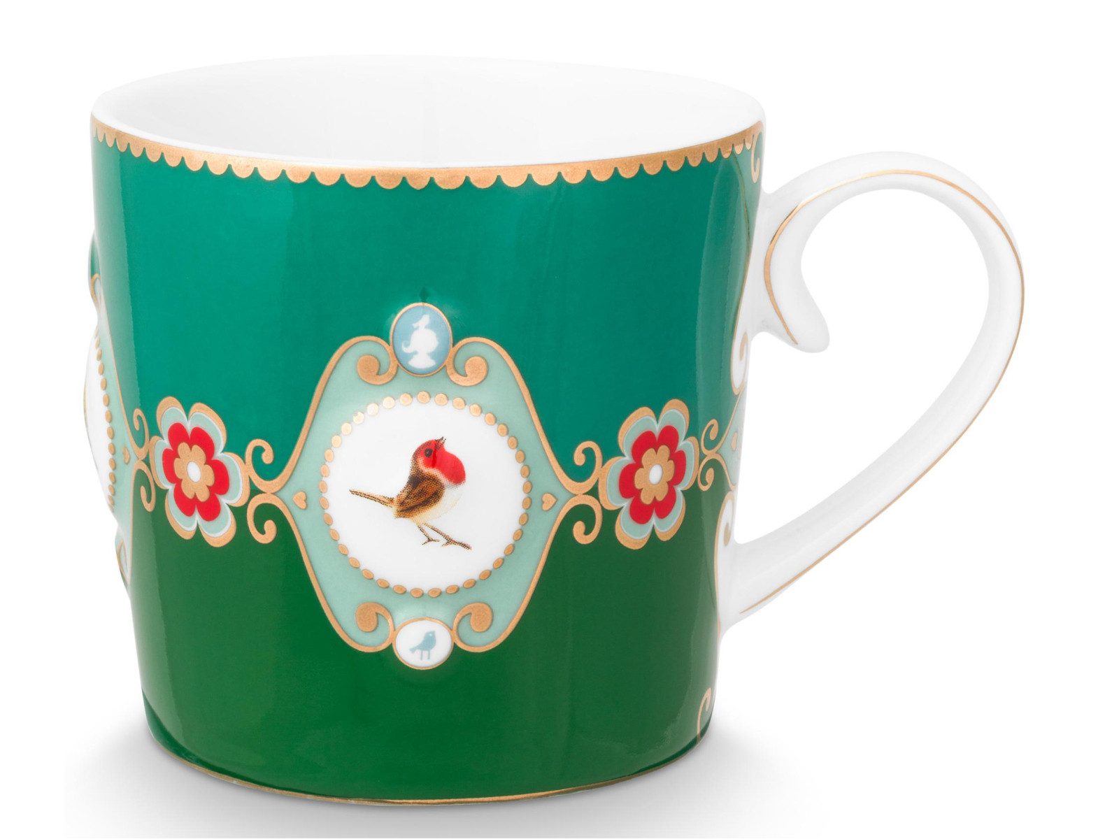 PiP Studio Becher Love Birds Medallion Emerald-Green Henkelbecher Large 0,25l Set2, Porzellan