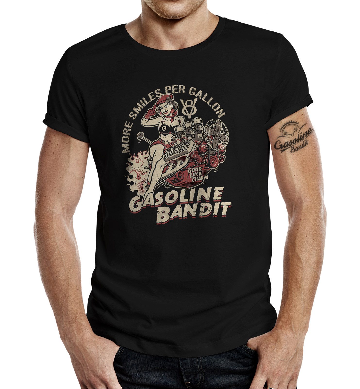GASOLINE BANDIT® T-Shirt für Rockabilly Racer Hot Rod Fans: V8 - More Smiles per Gallon